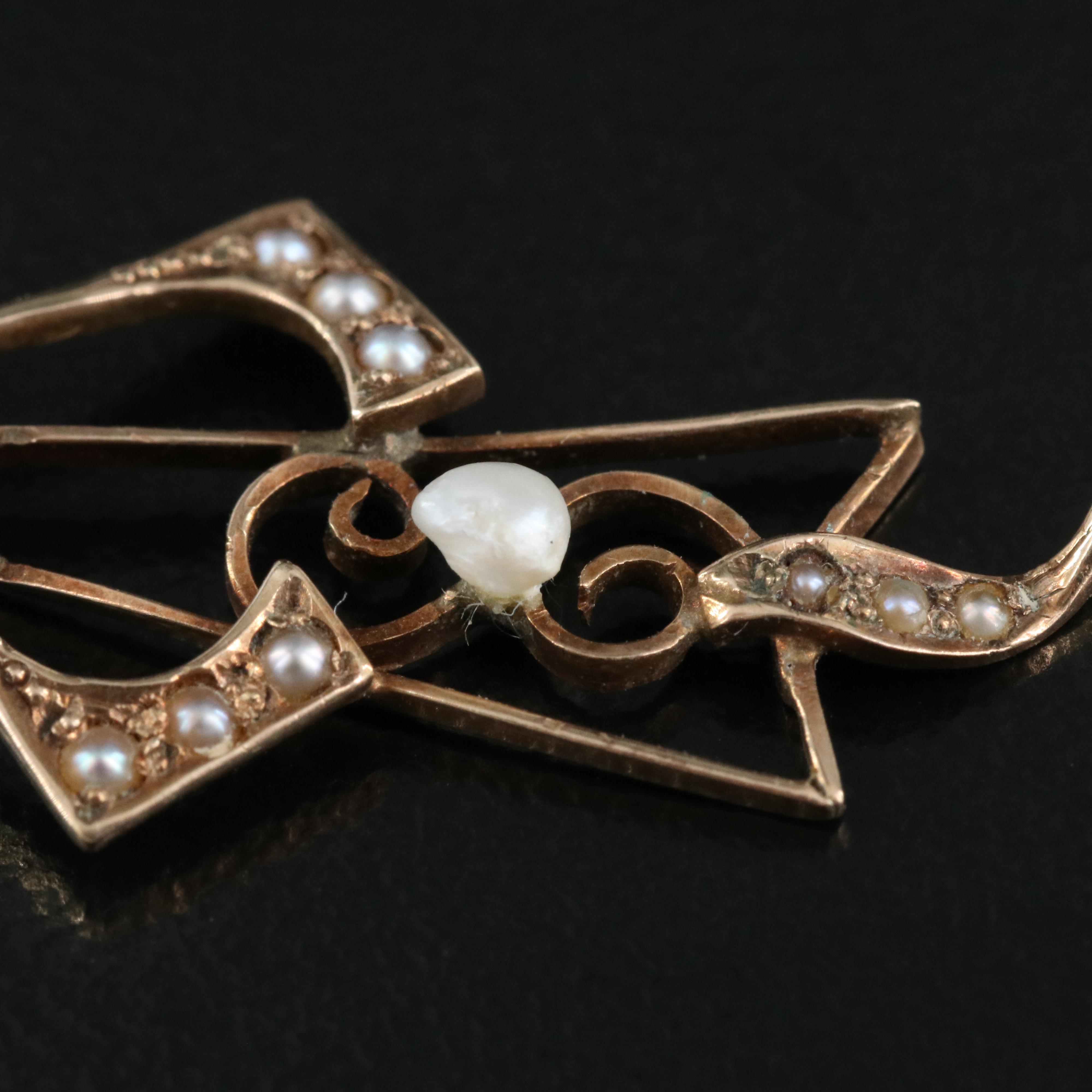 Arts and Crafts 10K Rose Gold Seed Pearl Pendant