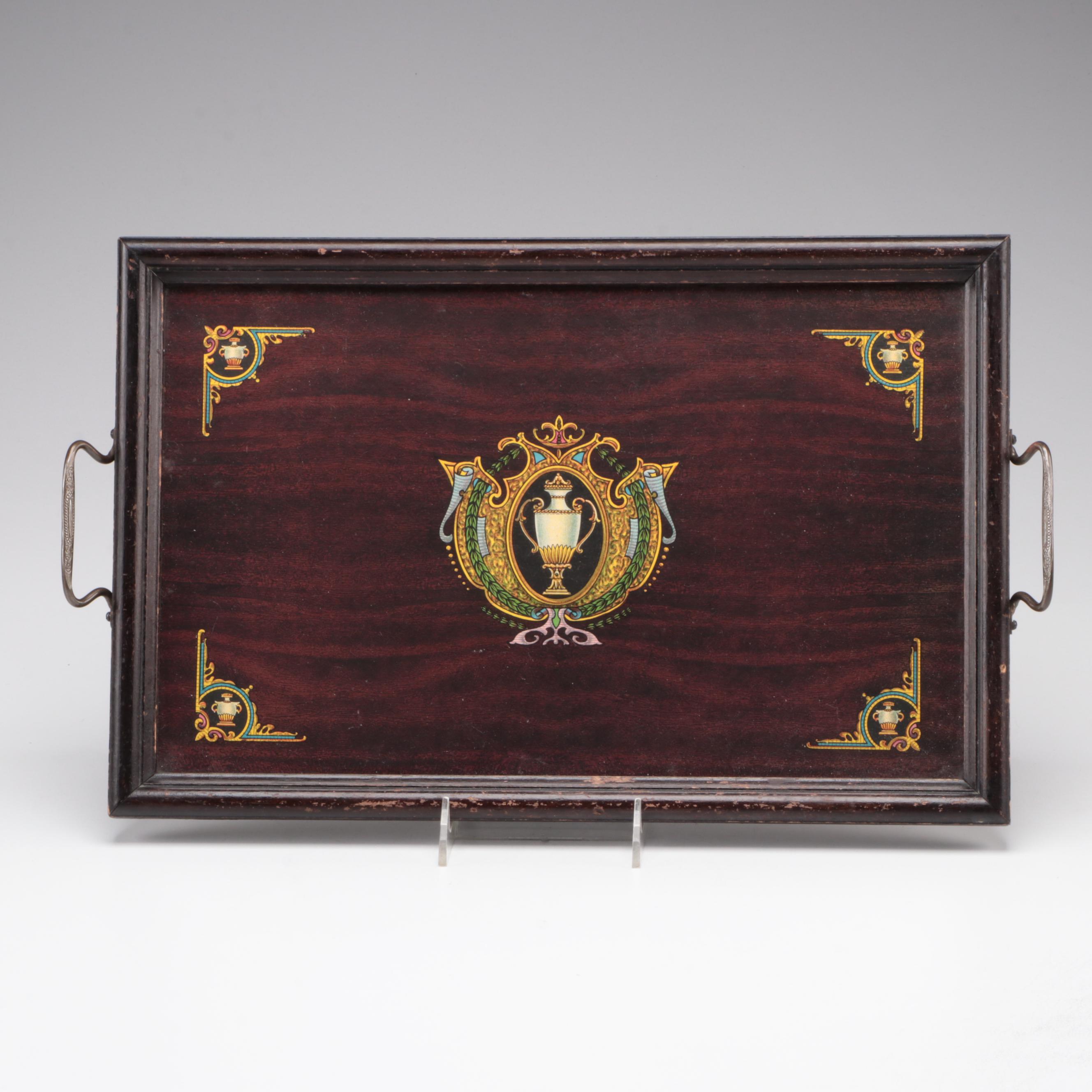 Neoclassical Style Glass Top Wood Tray with Candle Snuffer and Other Brass Décor