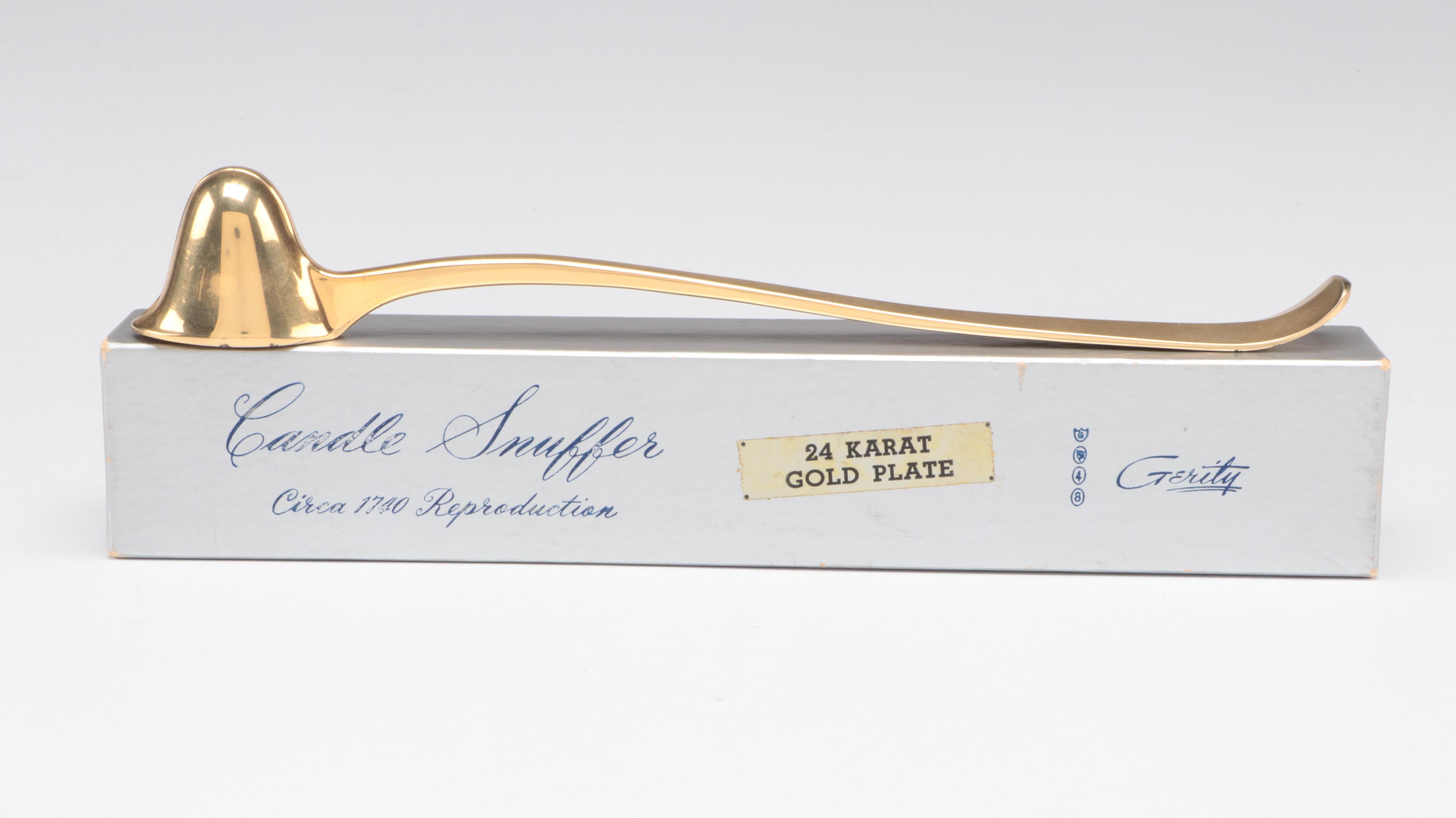 Neoclassical Style Glass Top Wood Tray with Candle Snuffer and Other Brass Décor