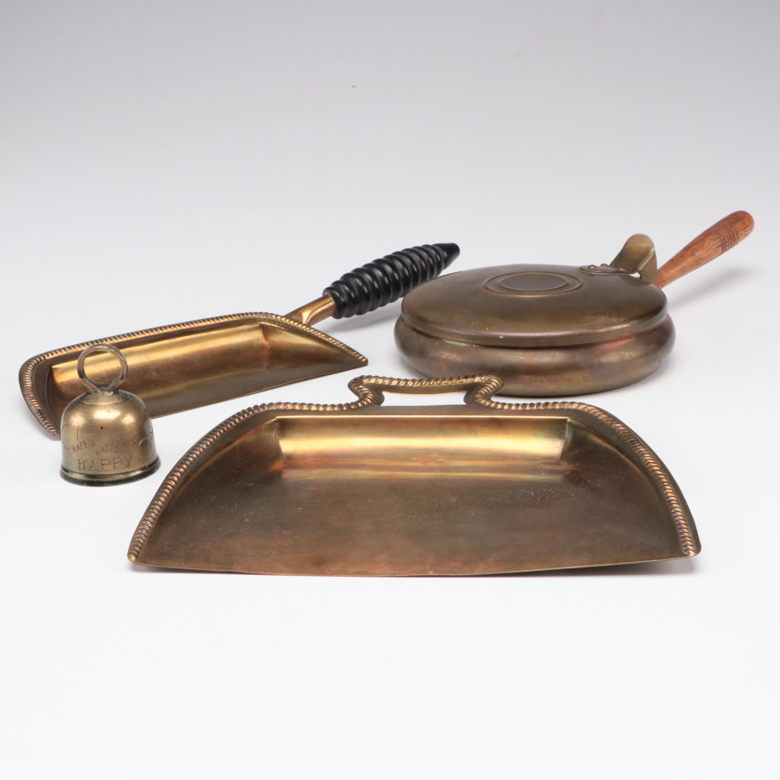 Neoclassical Style Glass Top Wood Tray with Candle Snuffer and Other Brass Décor