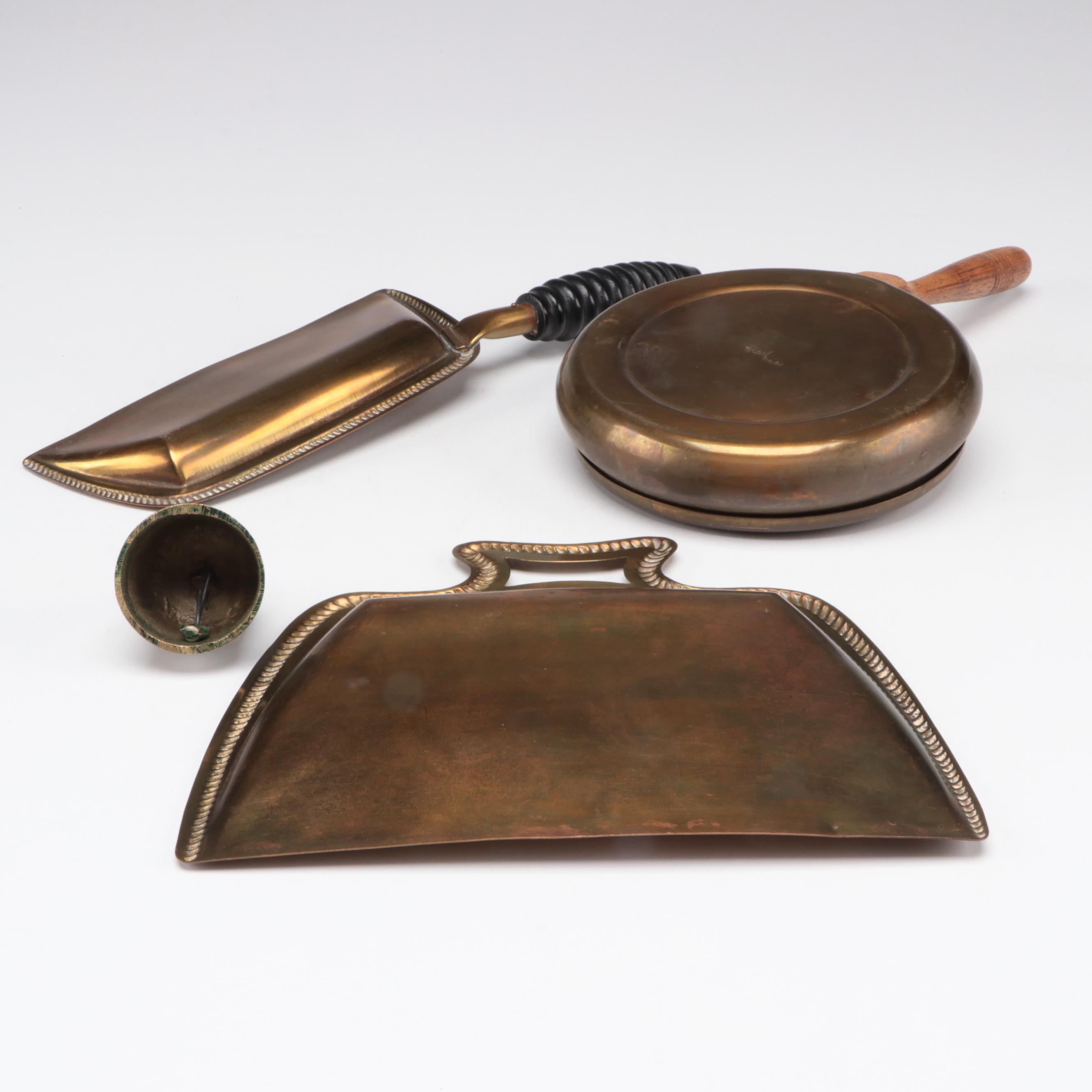 Neoclassical Style Glass Top Wood Tray with Candle Snuffer and Other Brass Décor