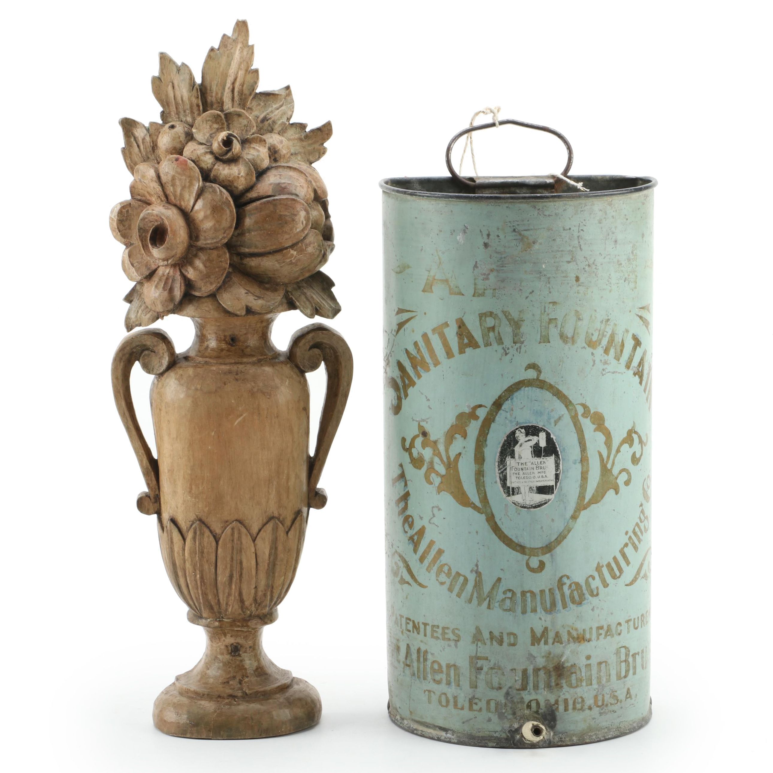Allen Sanitary Fountain Bath Apparatus and Wooden Relief Wall Hanging