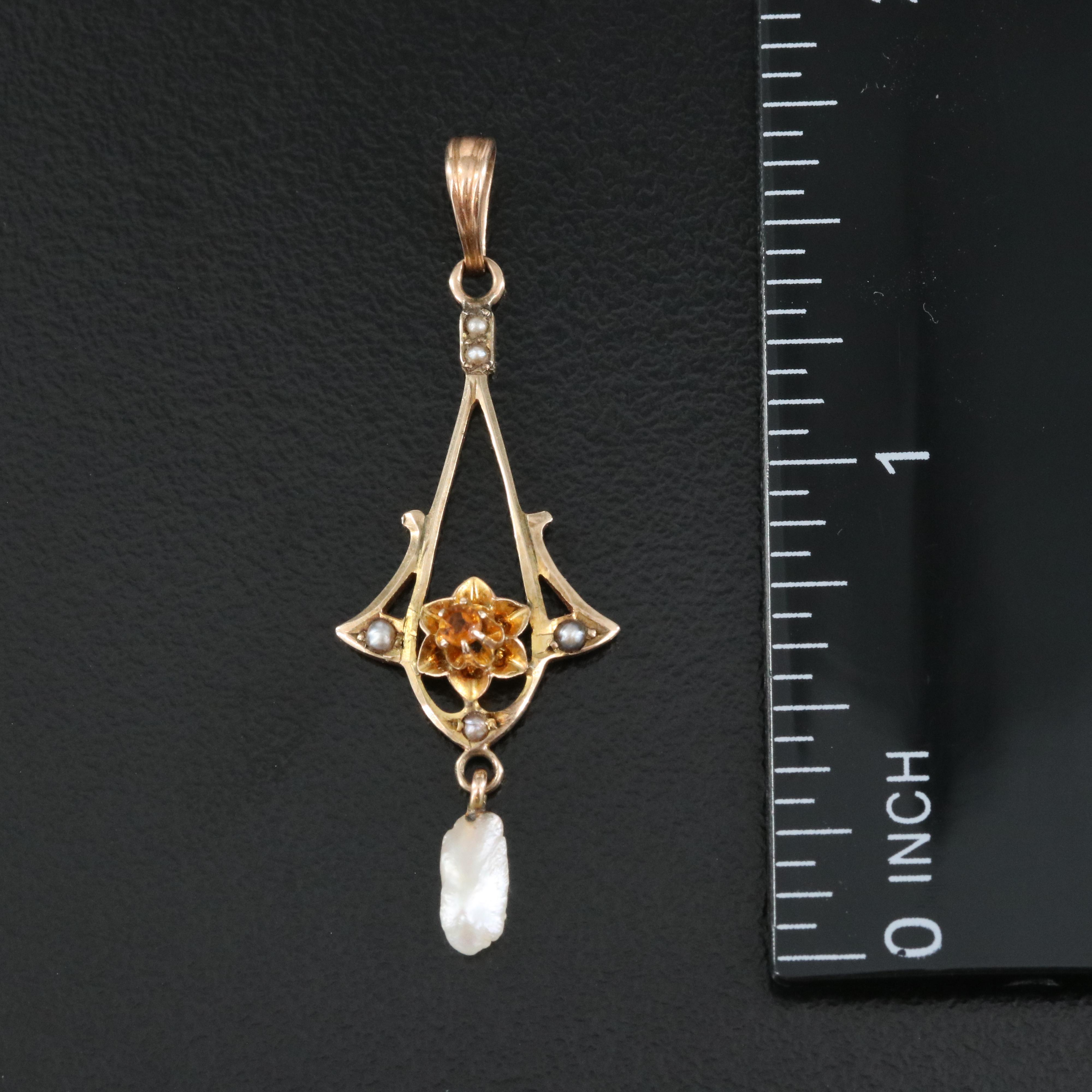 Arts and Crafts 10K Citrine and Pearl Lavalier Pendant