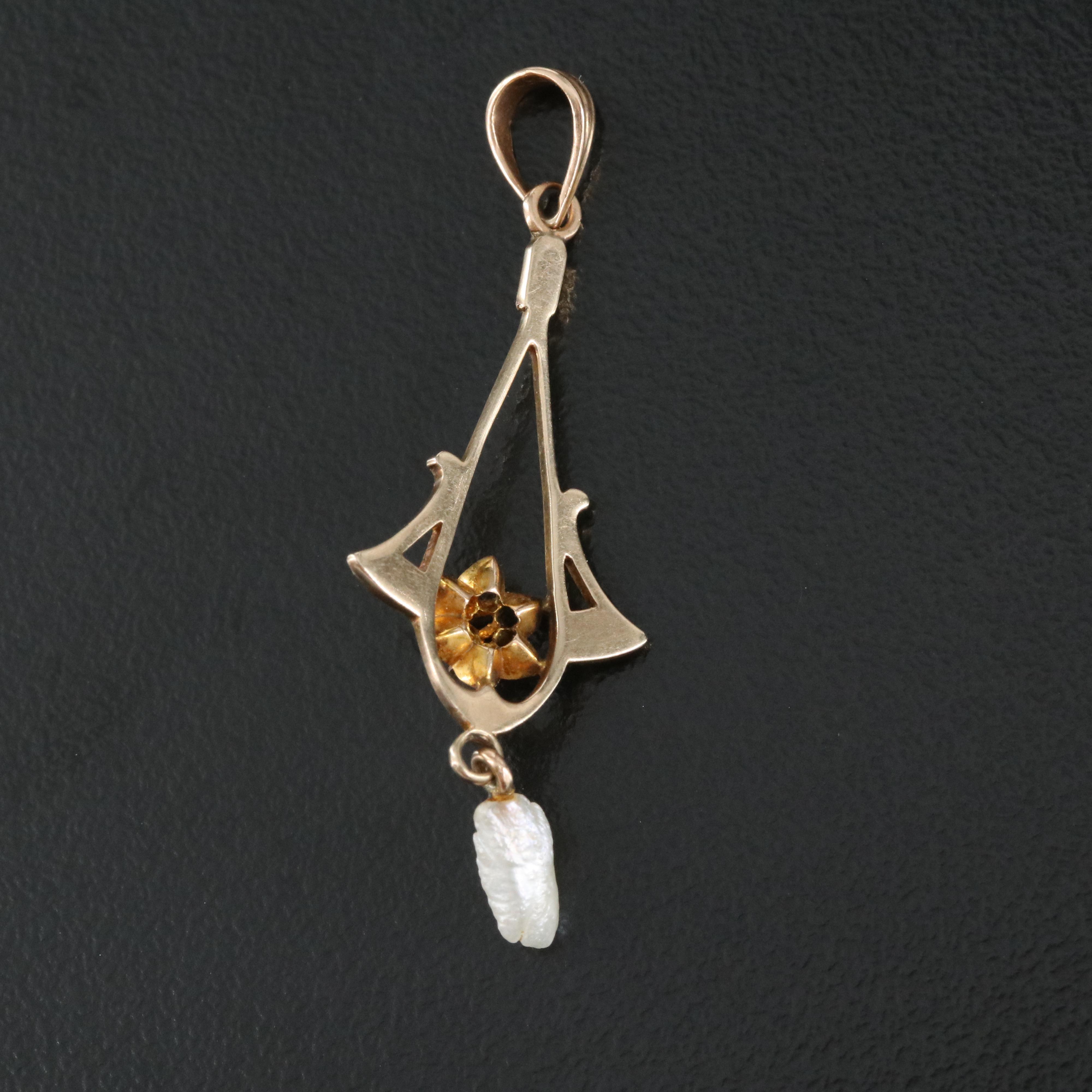 Arts and Crafts 10K Citrine and Pearl Lavalier Pendant