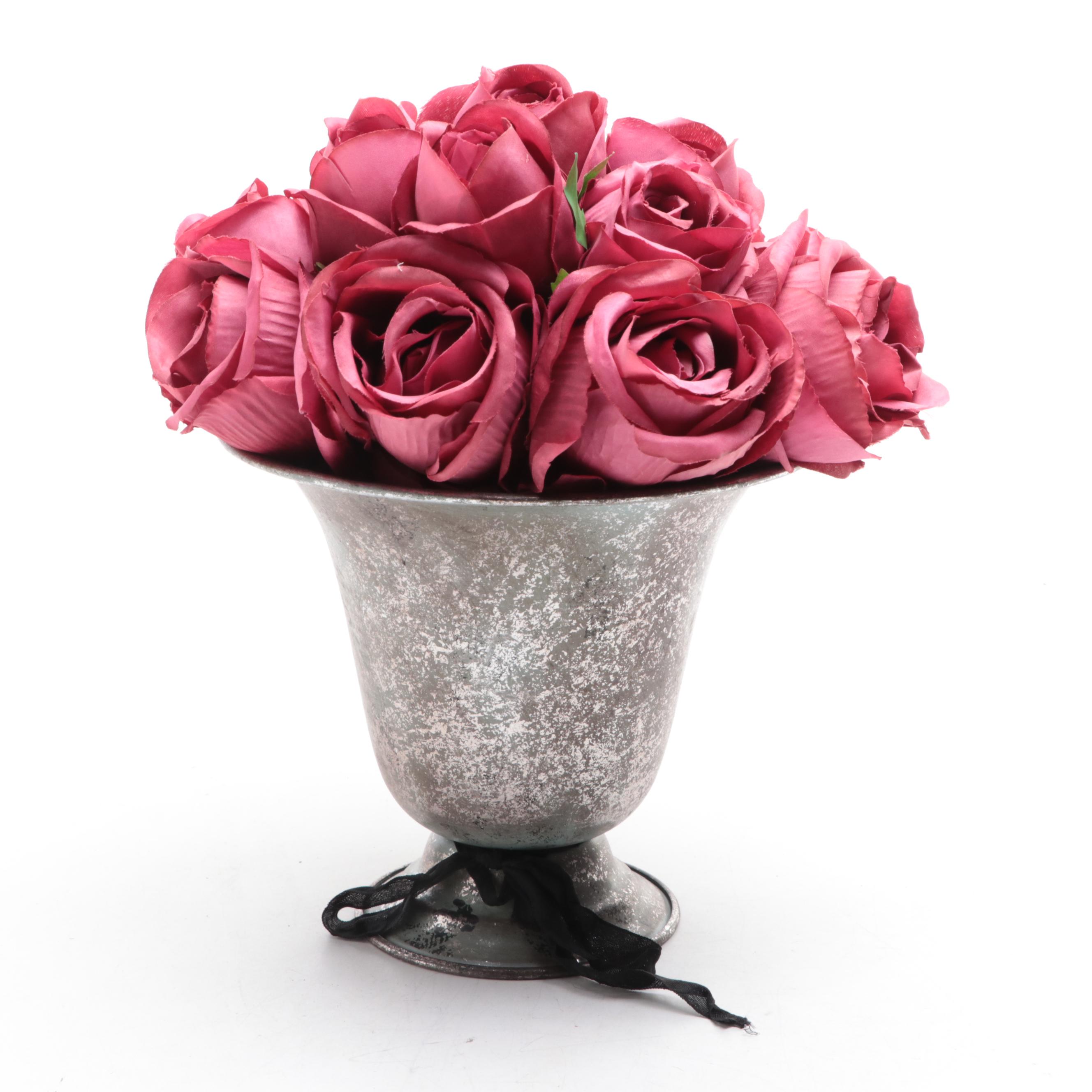 Silk Rose Arrangement With Black Painted Candle Holders and Wooden Plinth