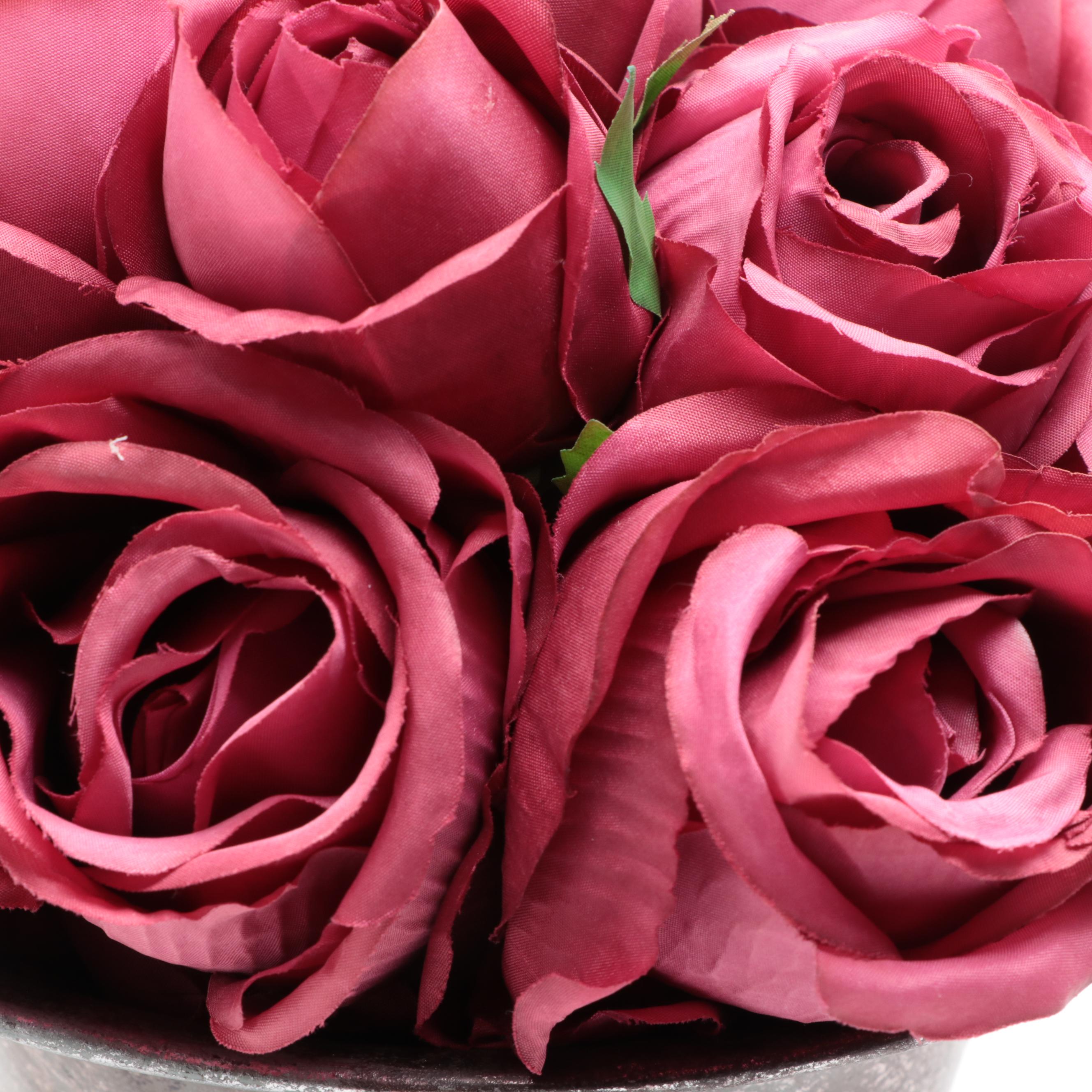 Silk Rose Arrangement With Black Painted Candle Holders and Wooden Plinth
