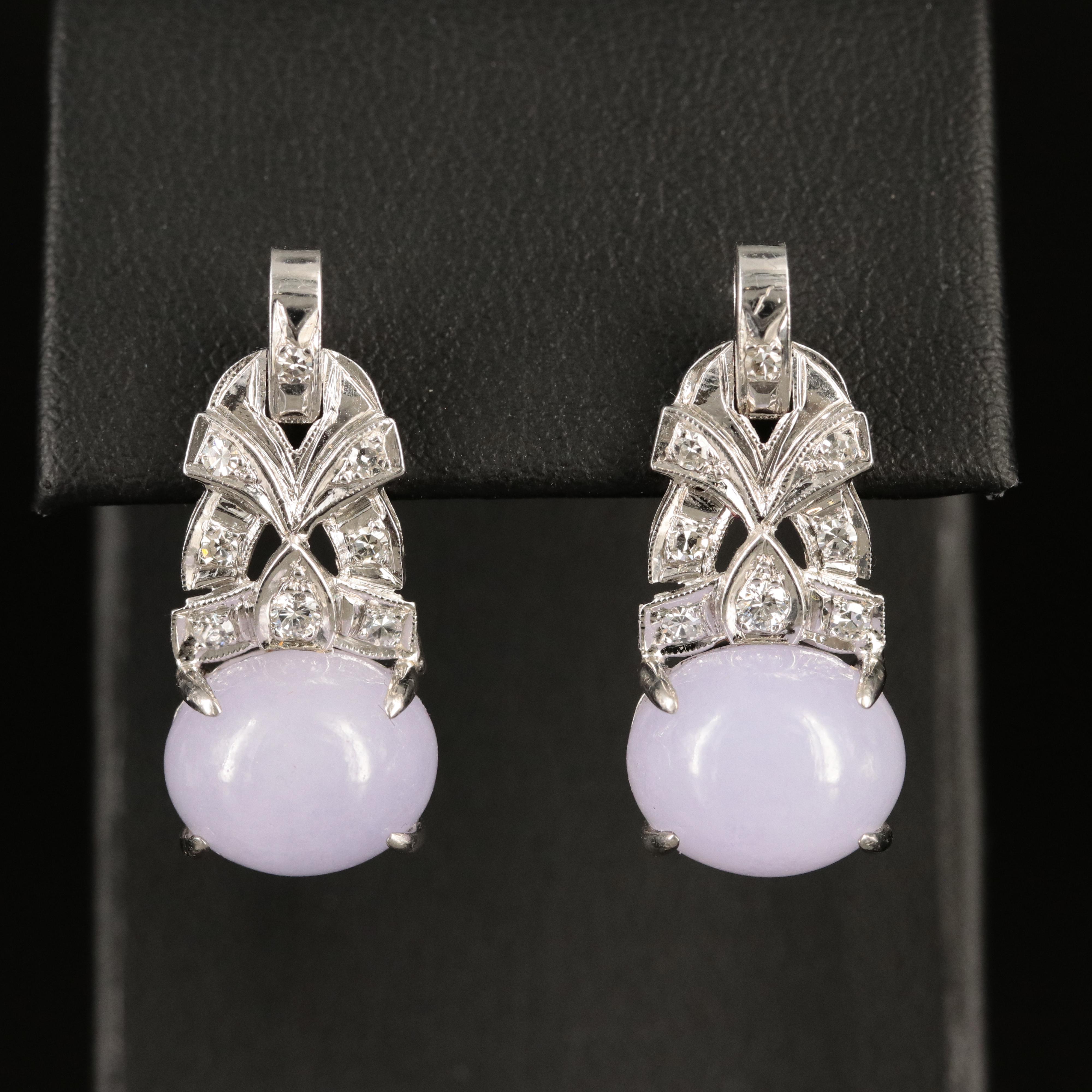 14K Jadeite and Diamond Earrings with Milgrain Details