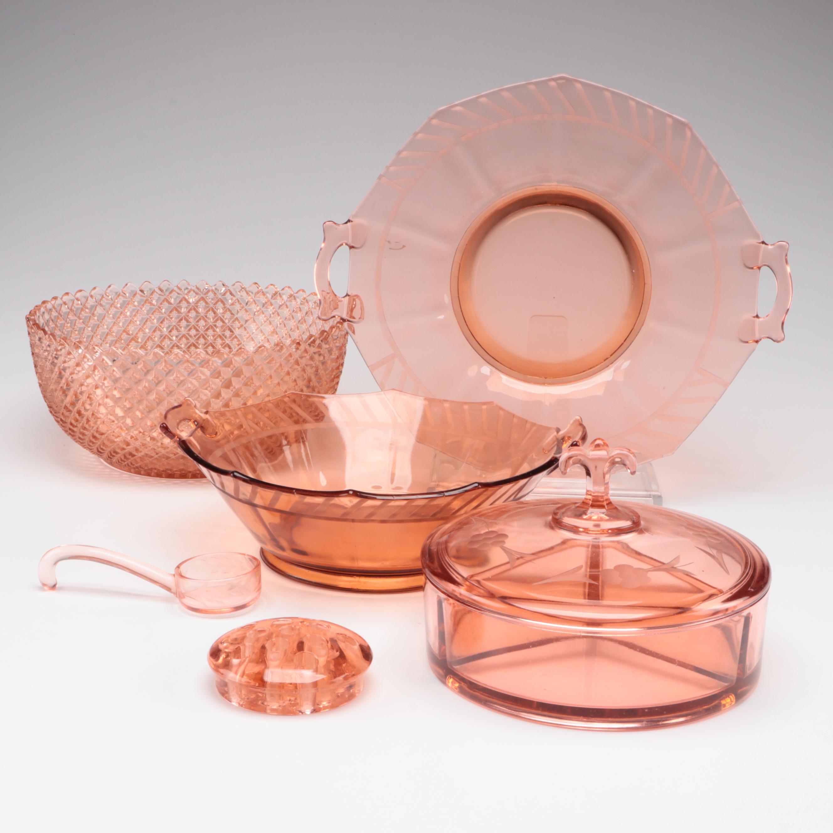 Peach Depression Glass Diamond Point Bowl with Other Tableware and Décor