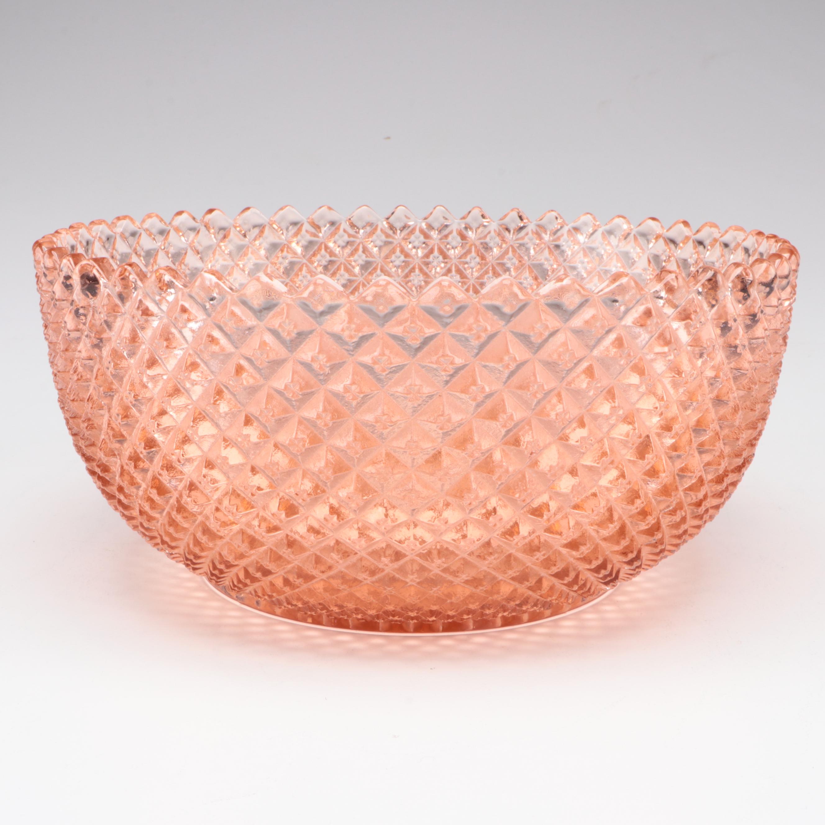 Peach Depression Glass Diamond Point Bowl with Other Tableware and Décor