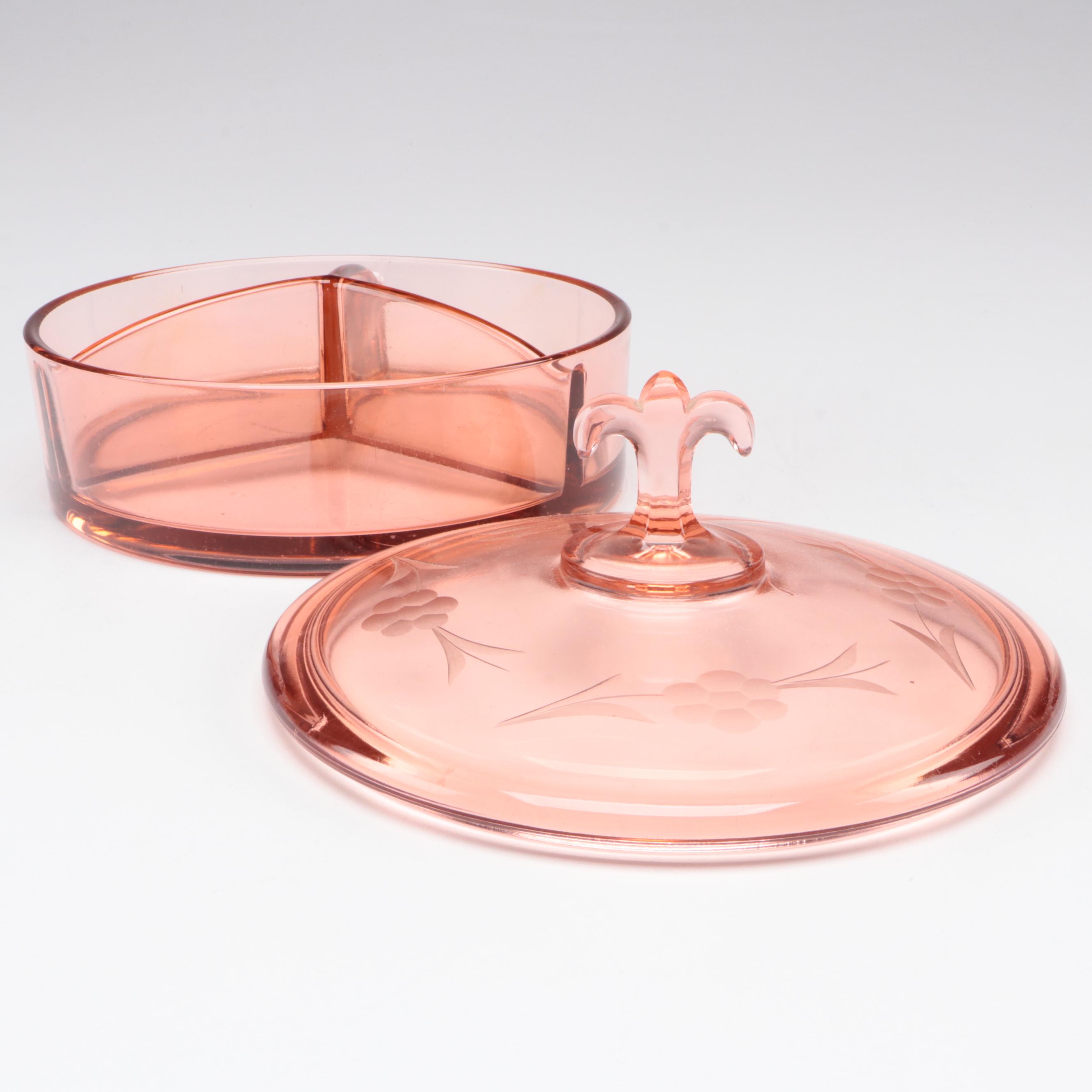 Peach Depression Glass Diamond Point Bowl with Other Tableware and Décor