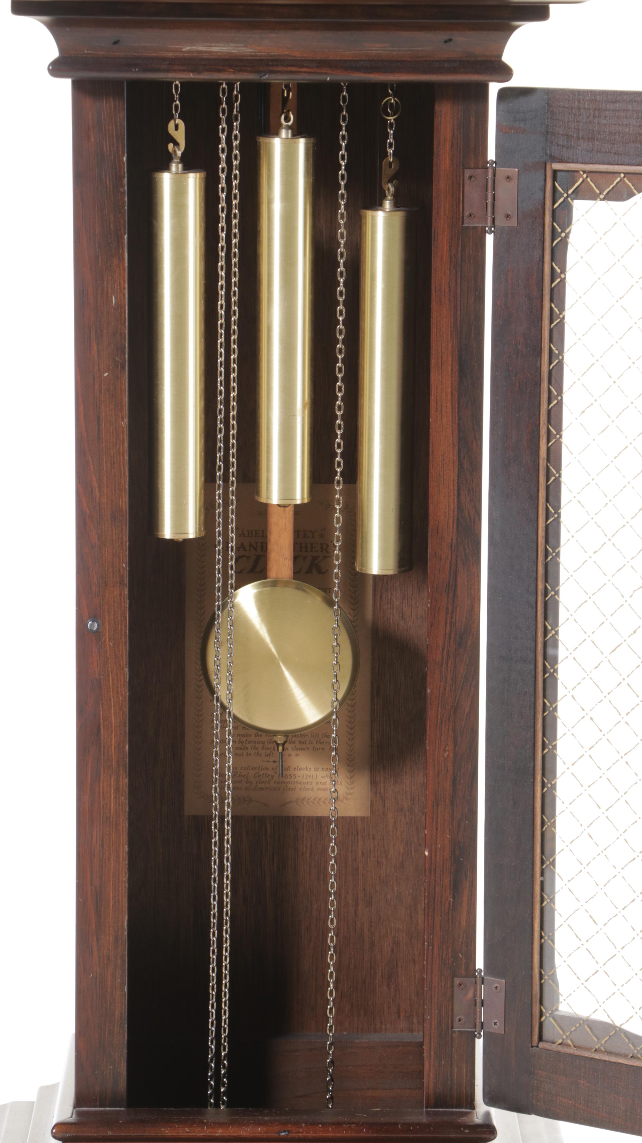 New England Clock Co. "Abel Cottey" Pine Grandfather Clock, copyrighted 1970