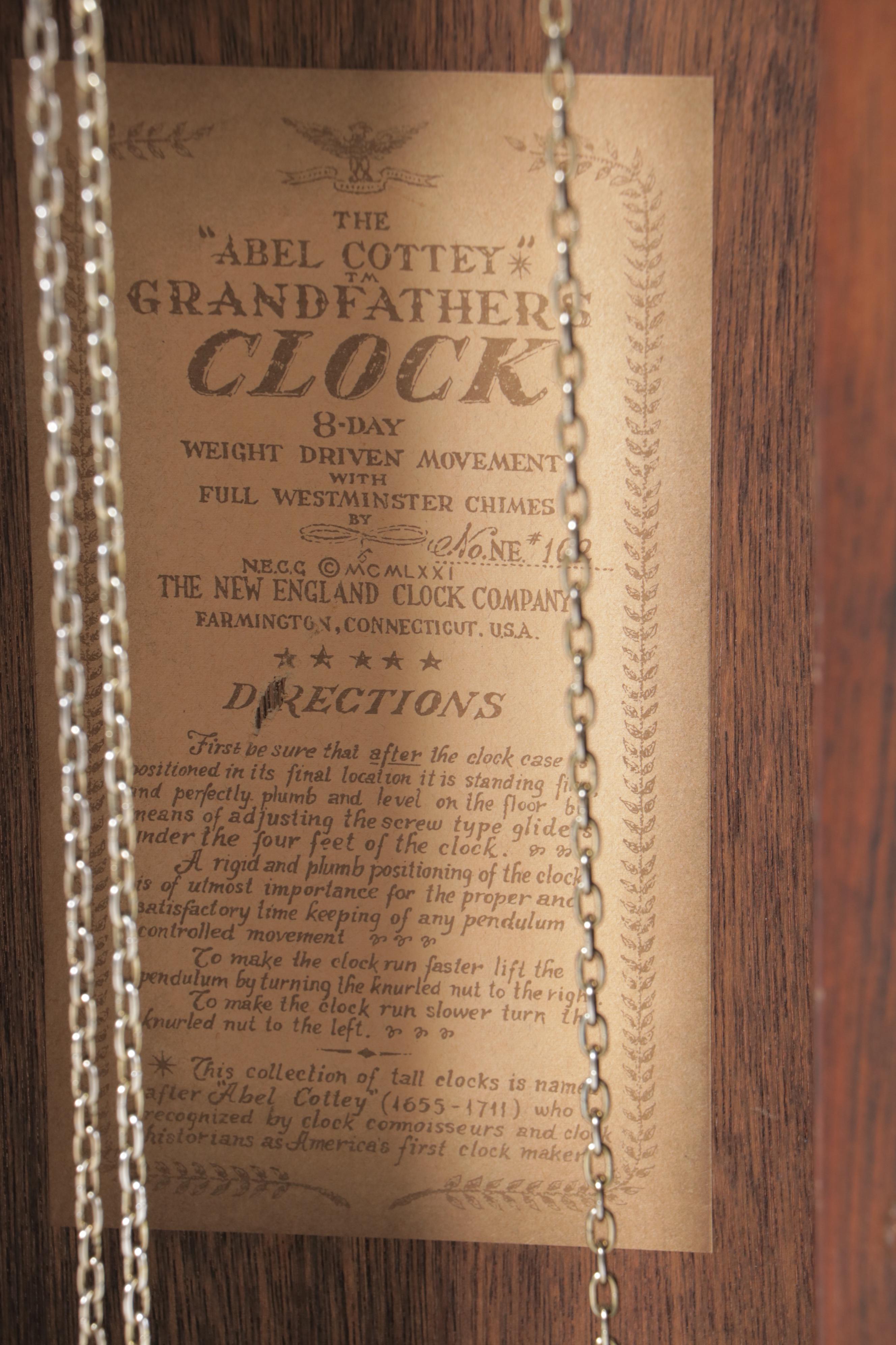 New England Clock Co. "Abel Cottey" Pine Grandfather Clock, copyrighted 1970