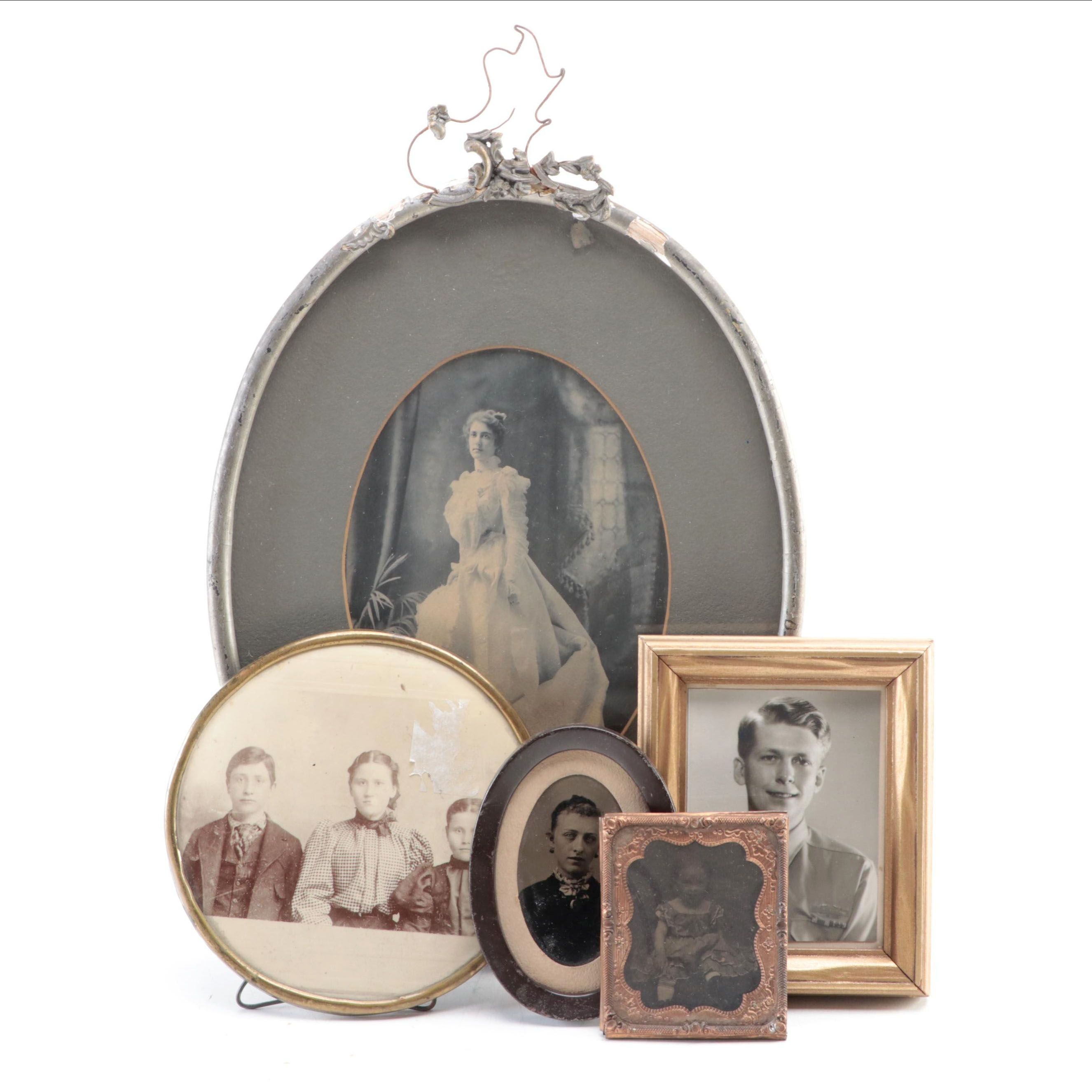 Tintypes, Silver Gelatin and Other Framed Photographs of Women, Men and Children