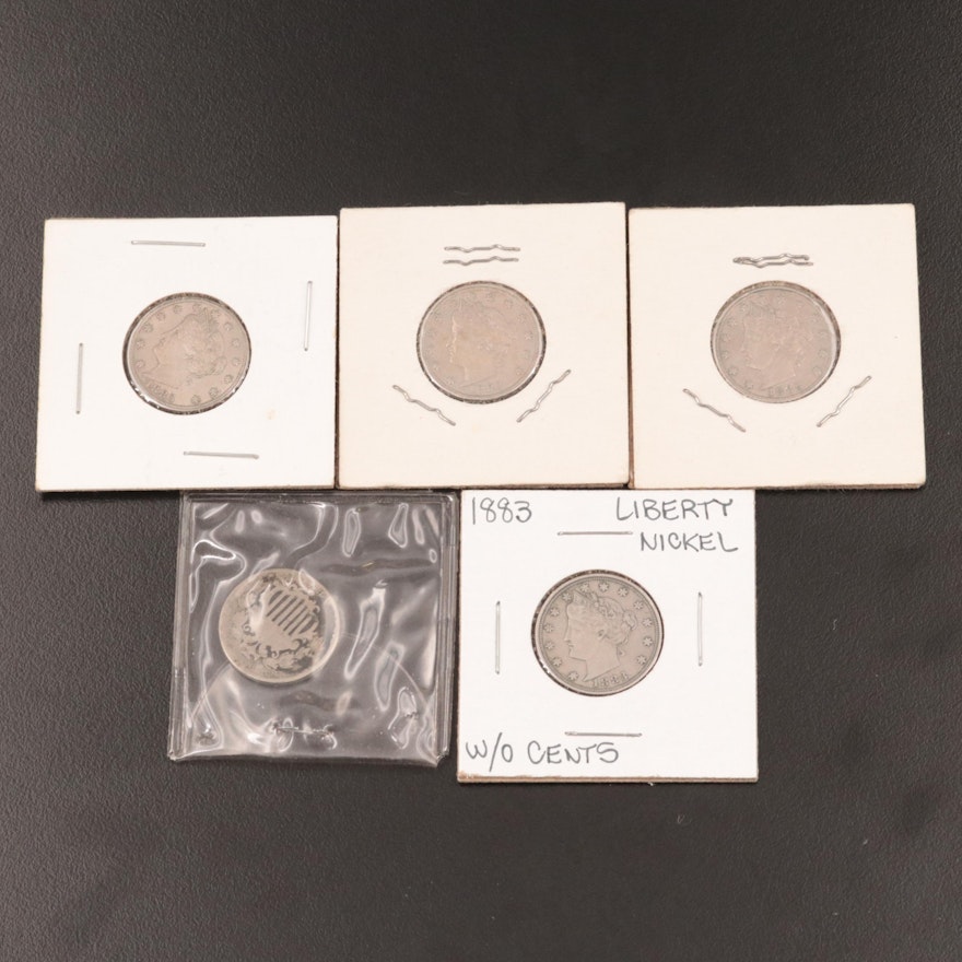 Four 1883 Liberty Head "V" Nickels and Shield Nickel