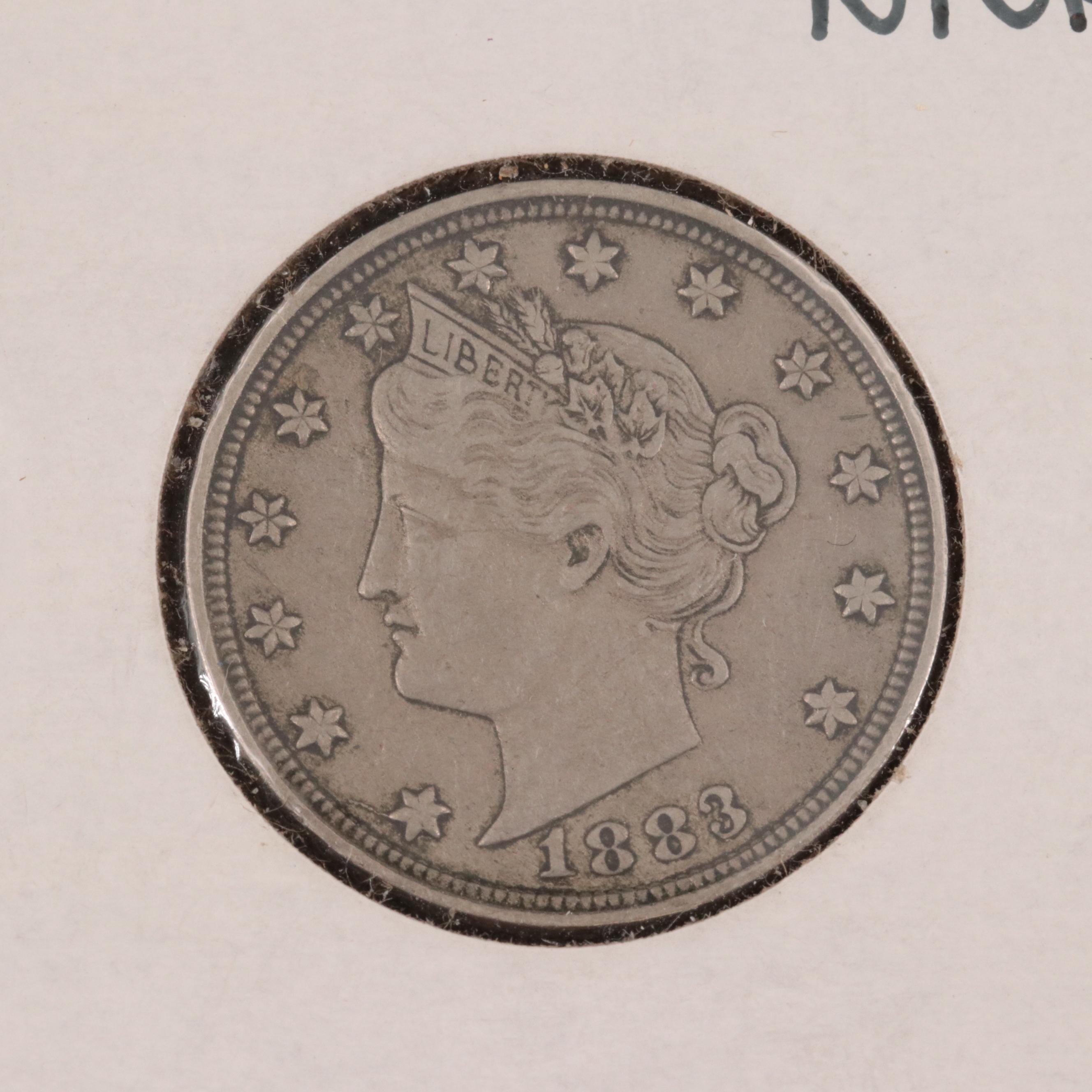Four 1883 Liberty Head "V" Nickels and Shield Nickel