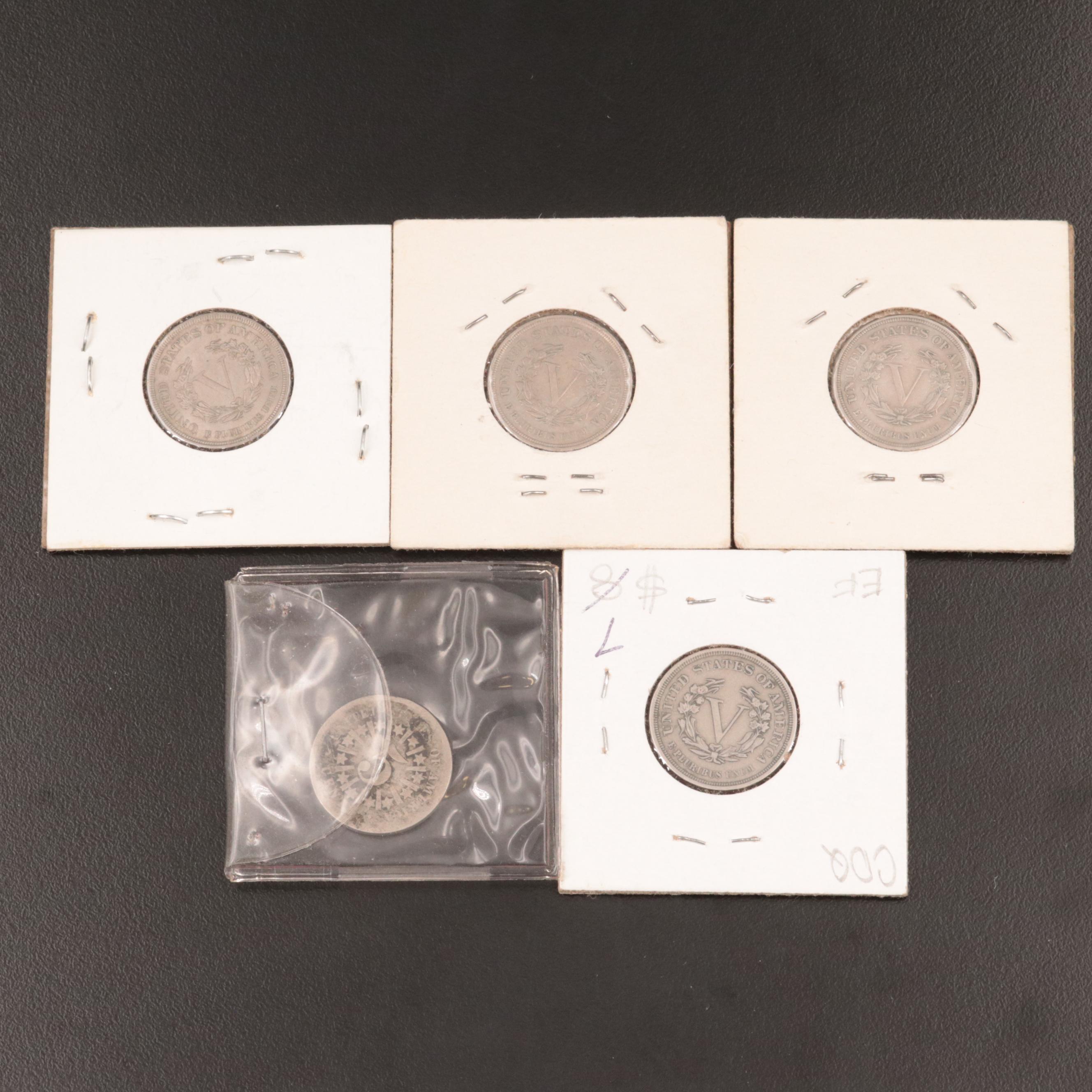 Four 1883 Liberty Head "V" Nickels and Shield Nickel