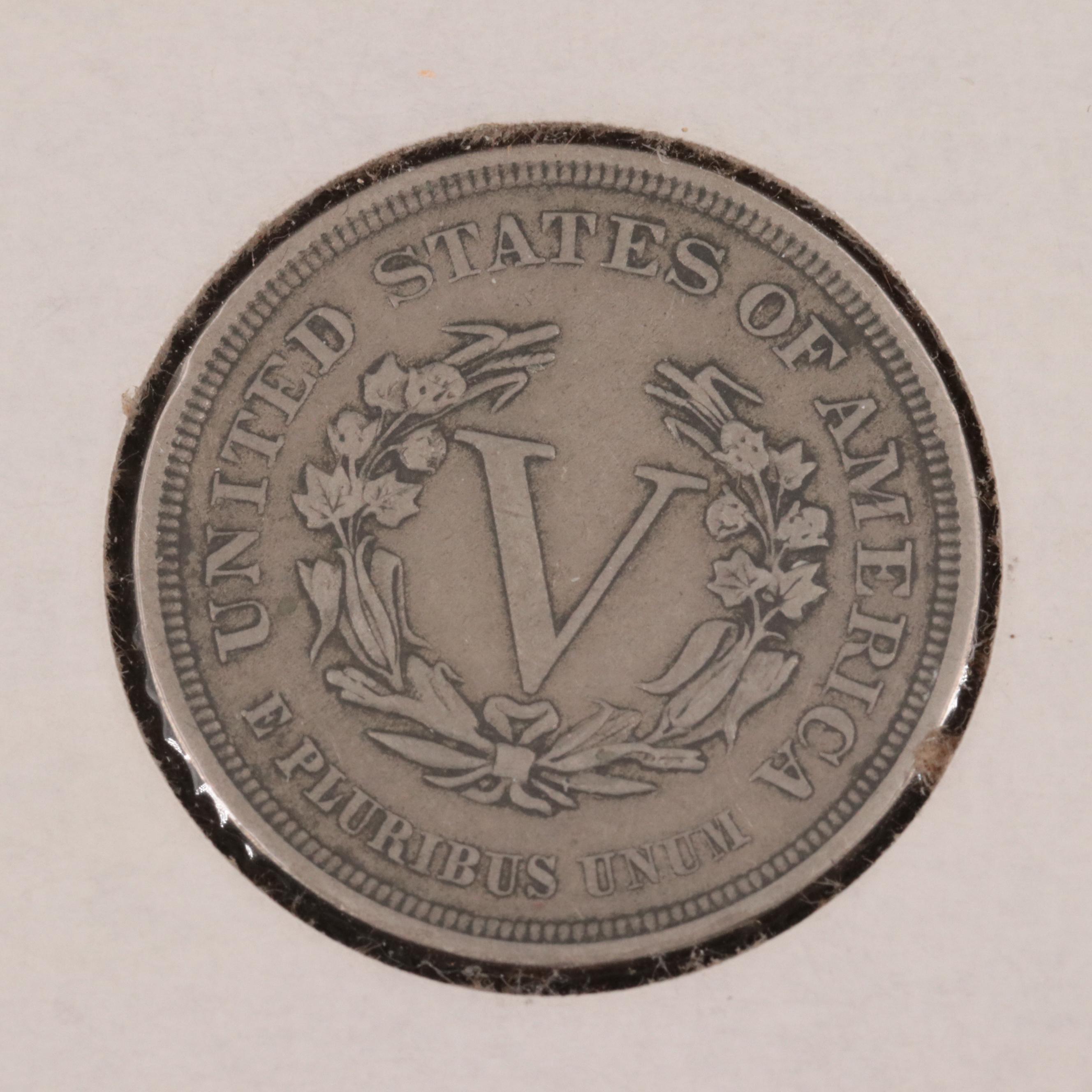 Four 1883 Liberty Head "V" Nickels and Shield Nickel