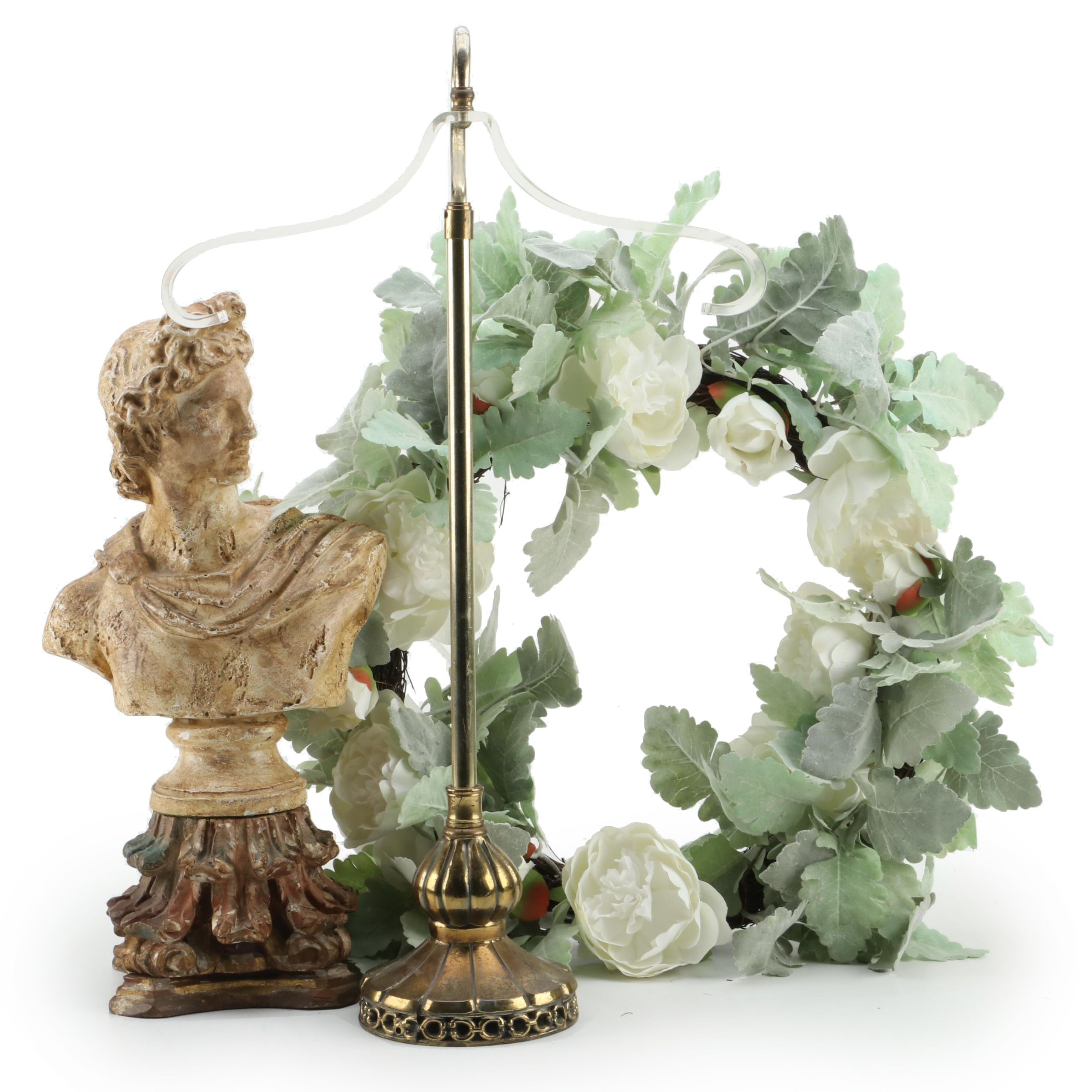 Decorative Plaster Bust, Wreath, Stand Hanger and Architectural Element