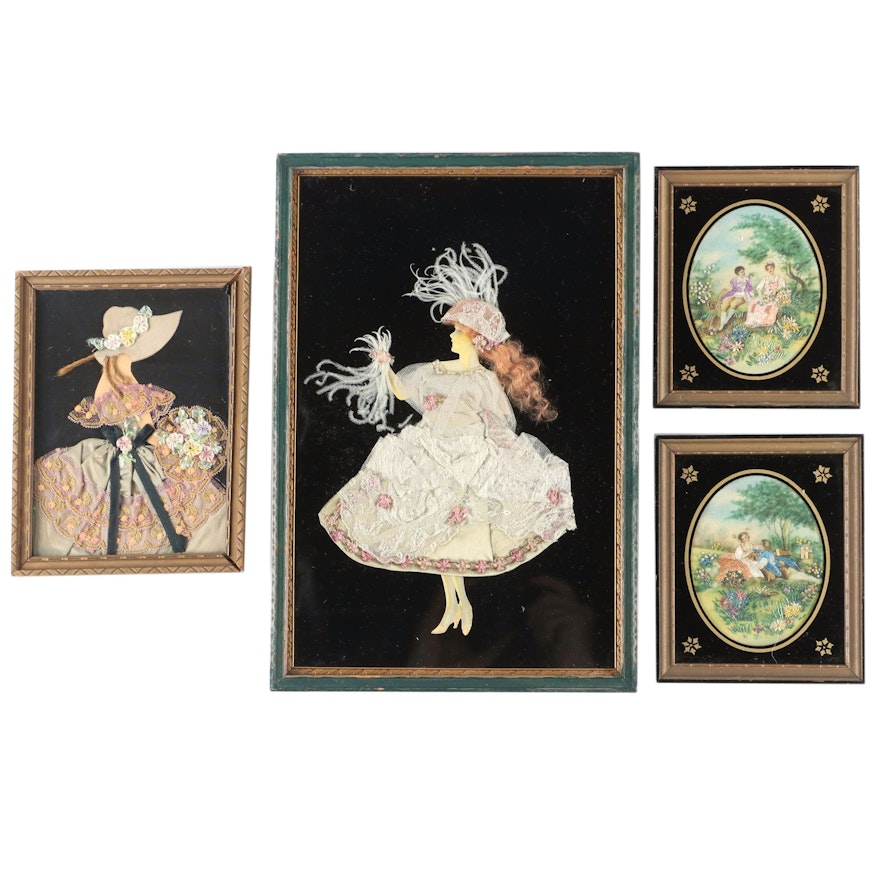 Textile Appliqué Compositions of Two Ladies With Embroidered Mini Plaques