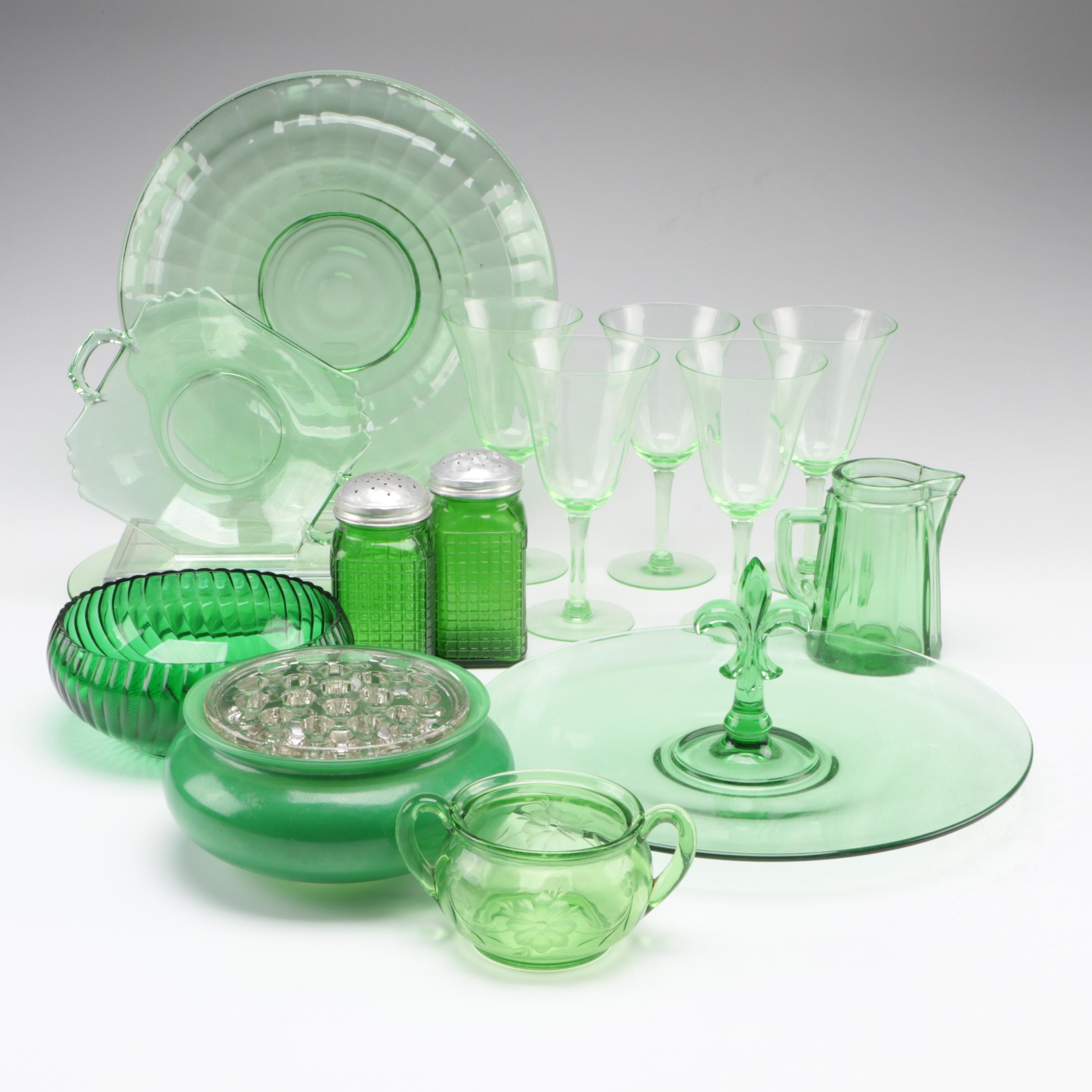 Variety of Heisey and Other Green Glass Serve Ware