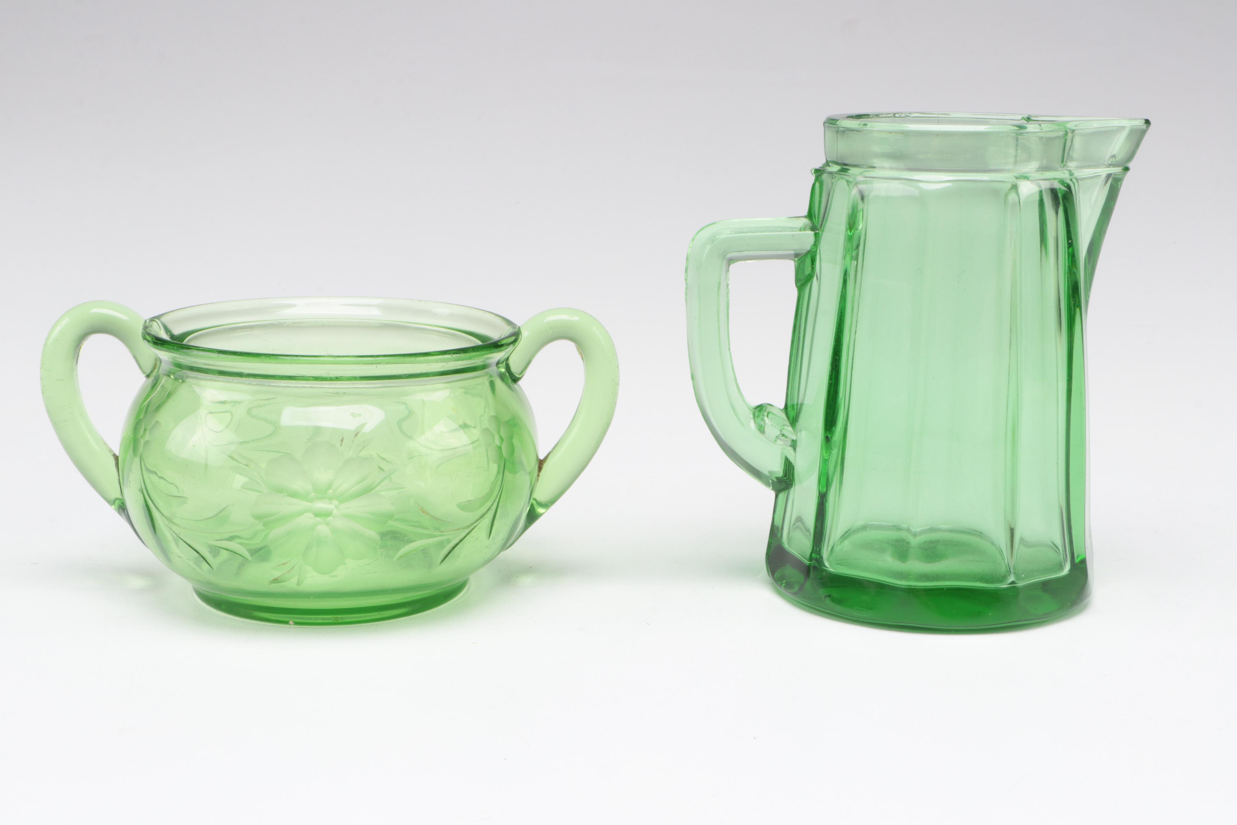 Variety of Heisey and Other Green Glass Serve Ware