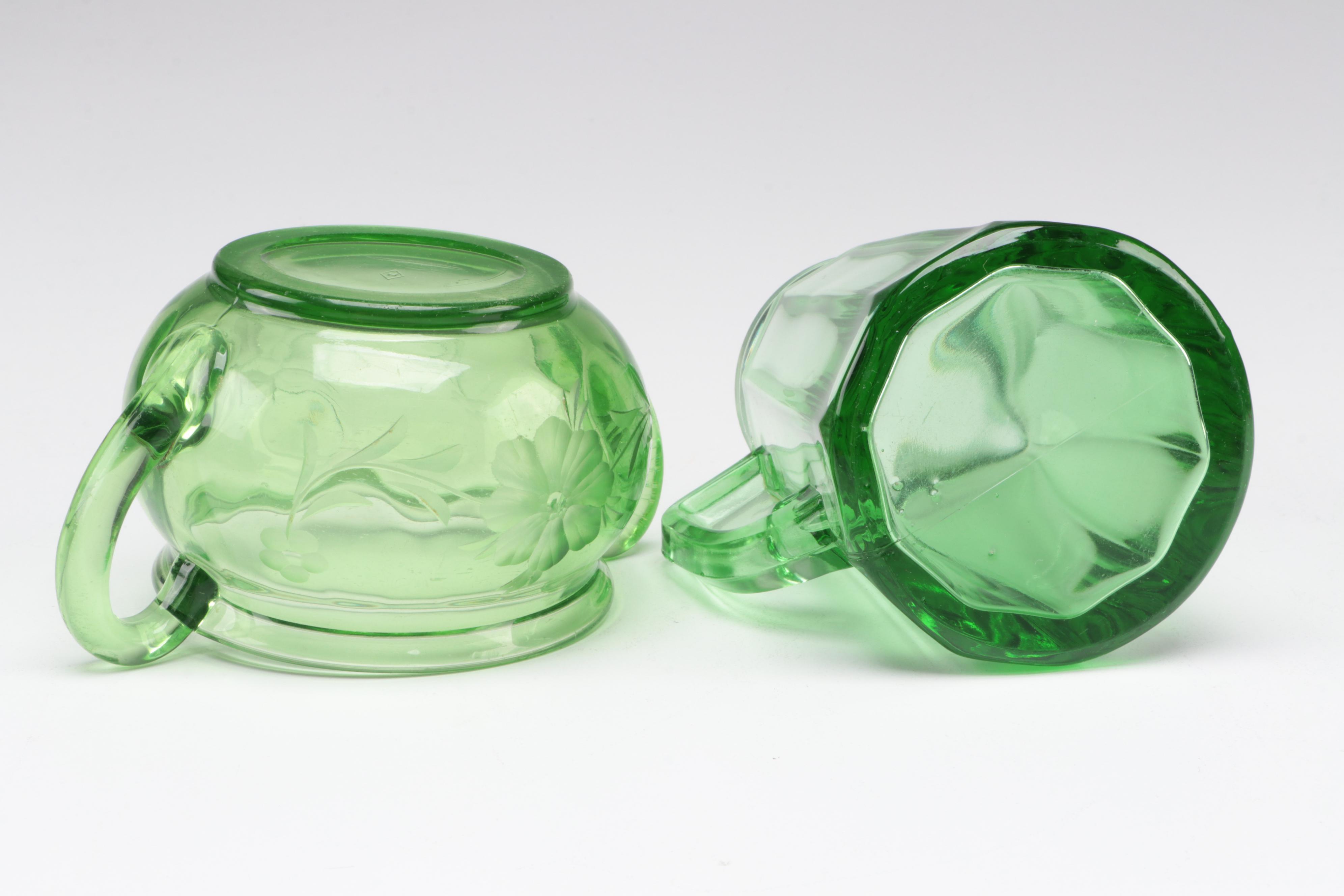 Variety of Heisey and Other Green Glass Serve Ware