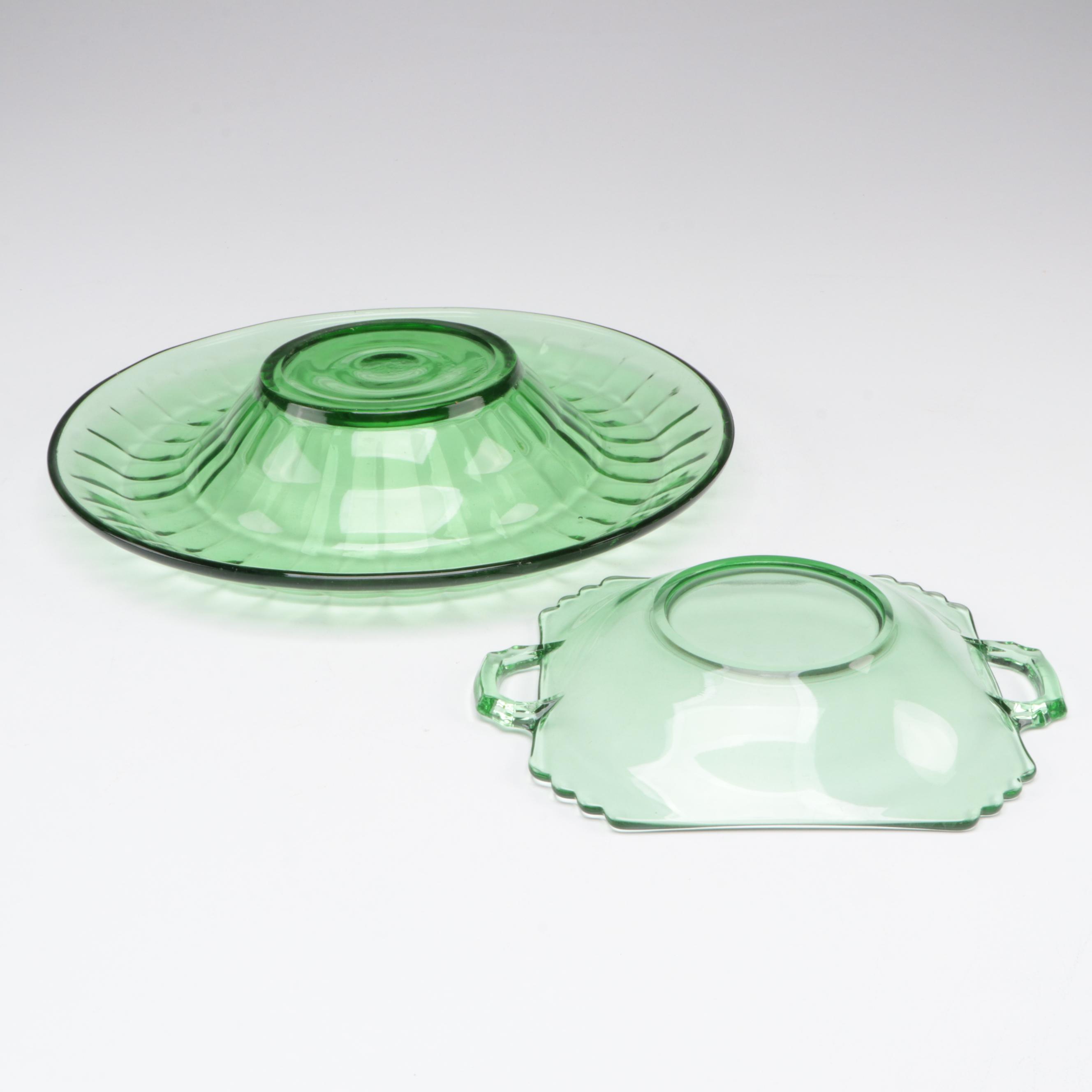 Variety of Heisey and Other Green Glass Serve Ware