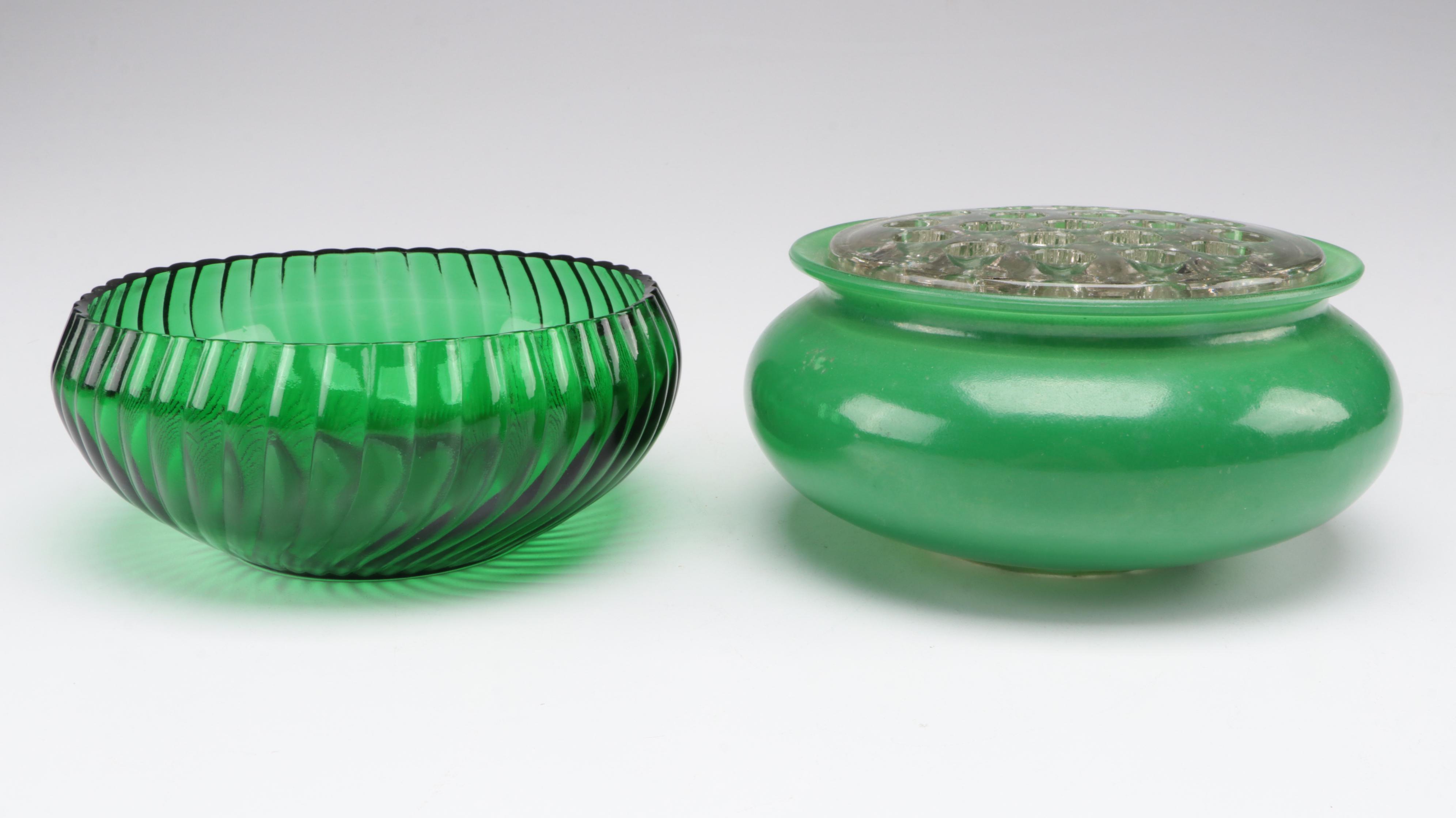 Variety of Heisey and Other Green Glass Serve Ware