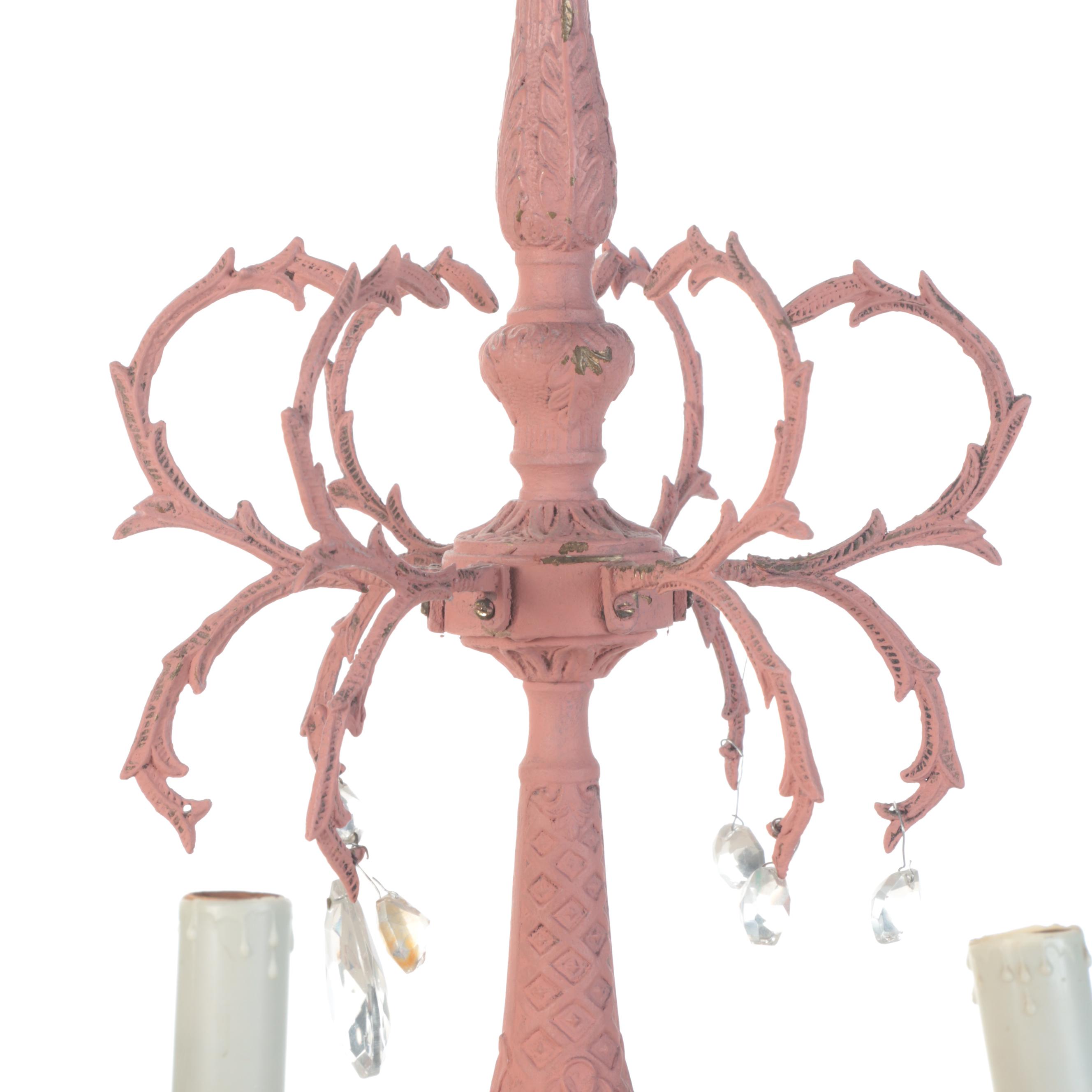 Spanish Cast Brass Salmon Pink Painted Six-Arm Chandelier