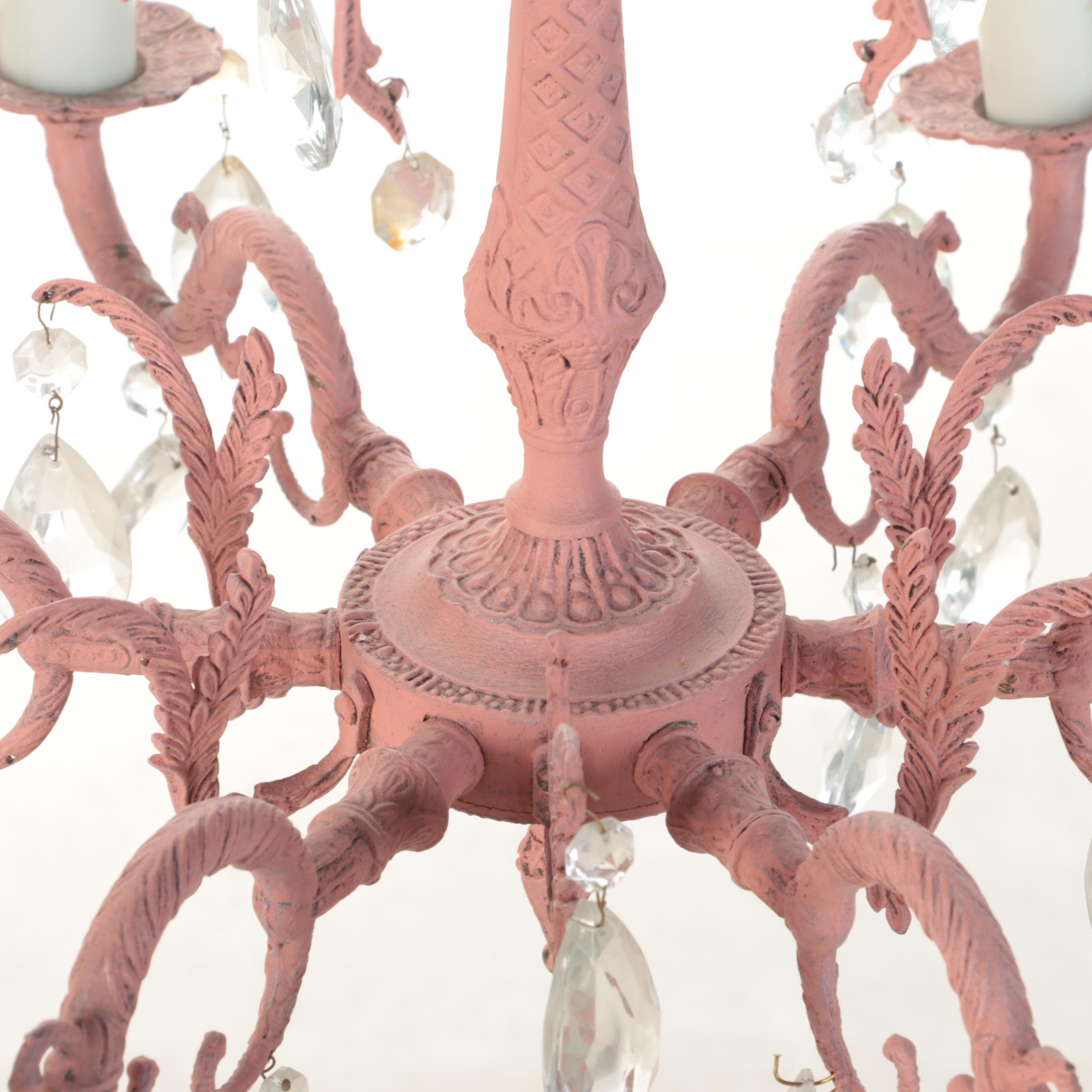 Spanish Cast Brass Salmon Pink Painted Six-Arm Chandelier