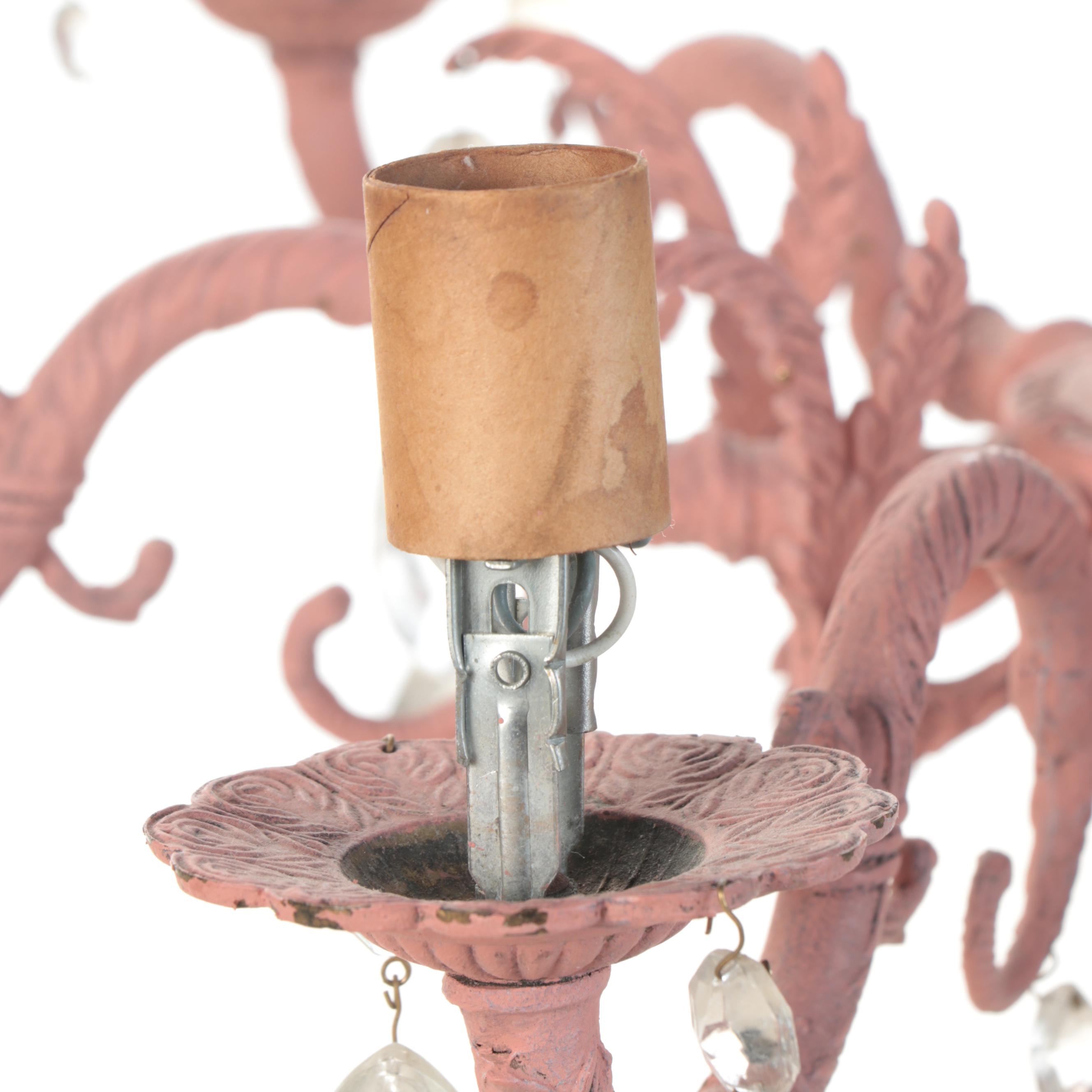 Spanish Cast Brass Salmon Pink Painted Six-Arm Chandelier