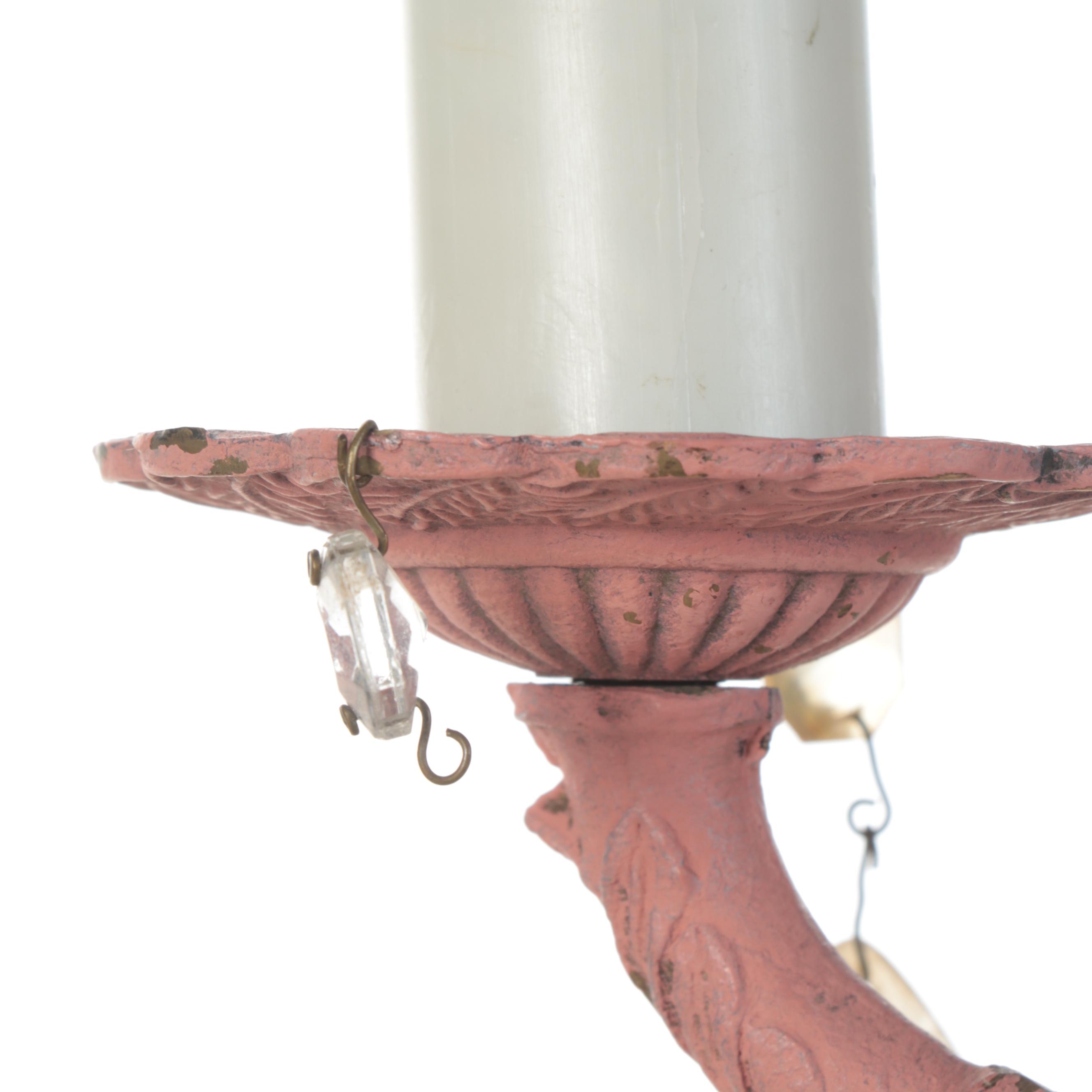 Spanish Cast Brass Salmon Pink Painted Six-Arm Chandelier