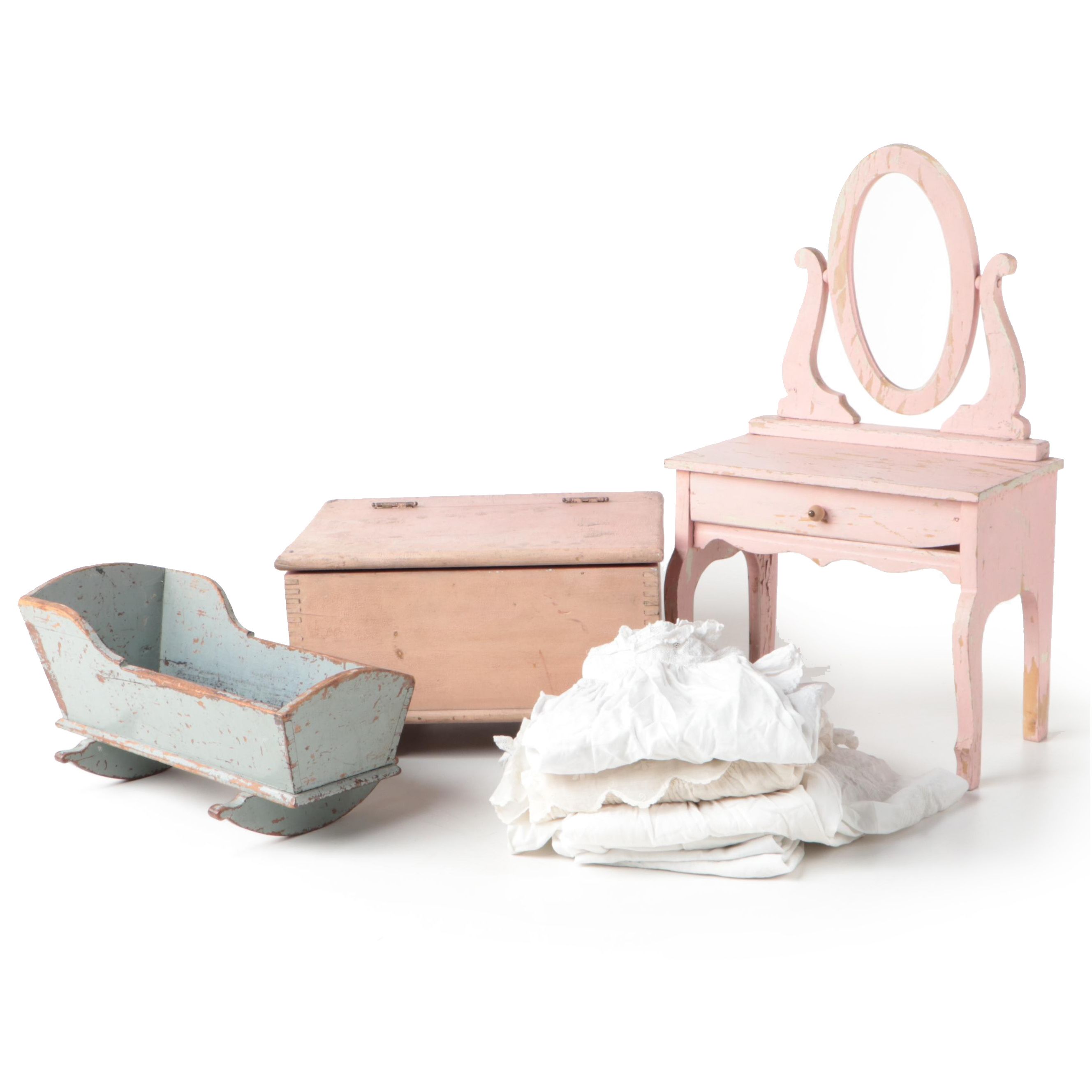 Primitive Milk Painted Doll Cradle and Other Furniture with Baby Clothes
