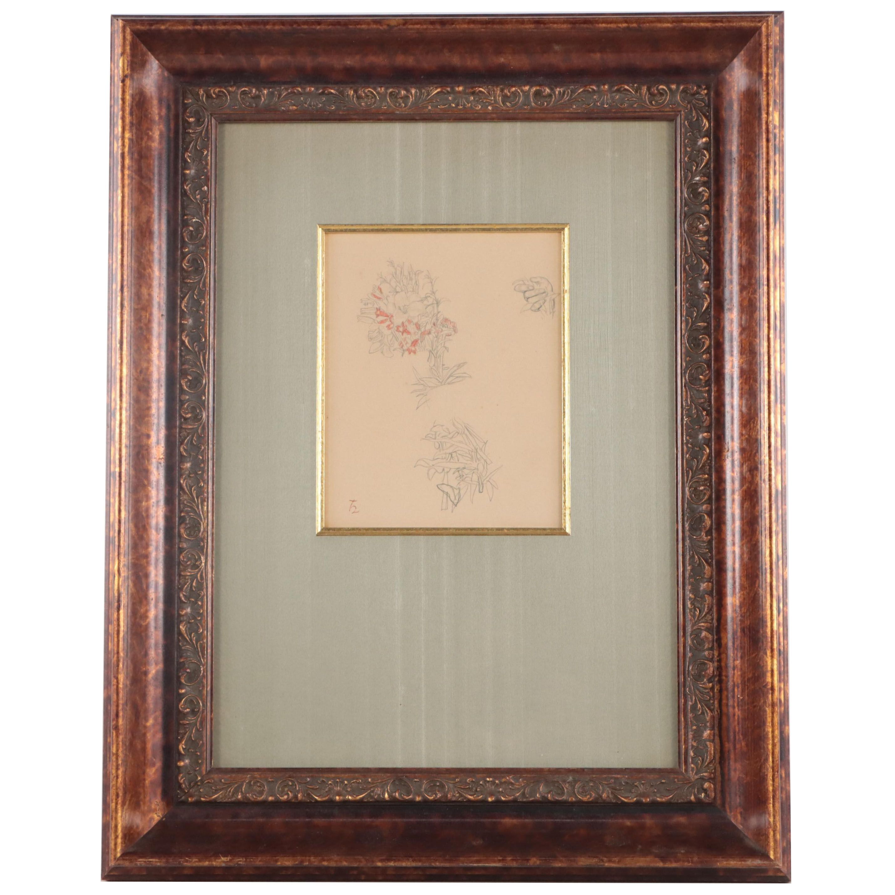 Graphite and Gouache Study of Hand and Flowers, Circa 1920