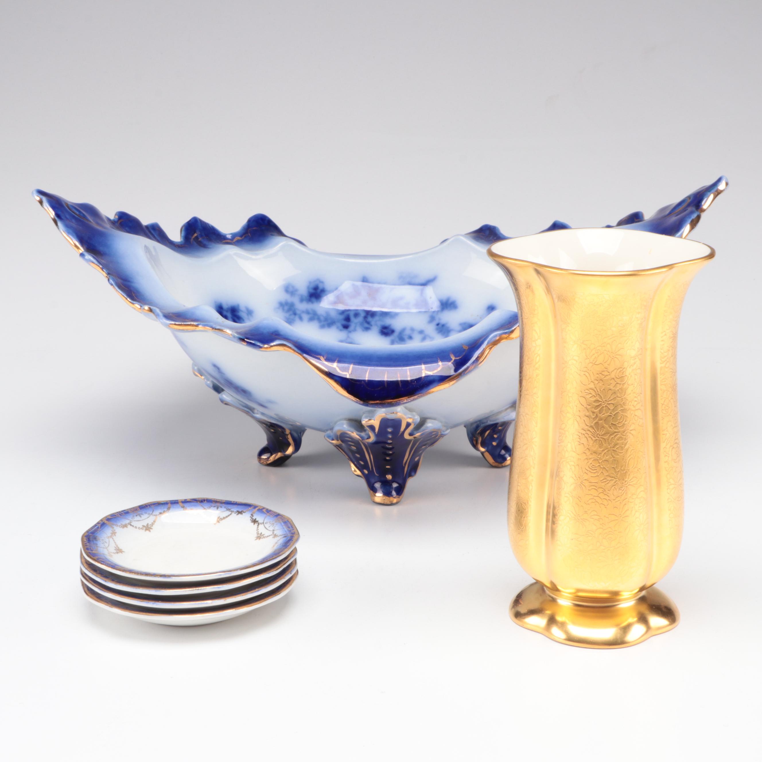 La Belle American Flow Blue Bowl and Other Butter Pats with Pickard Vase