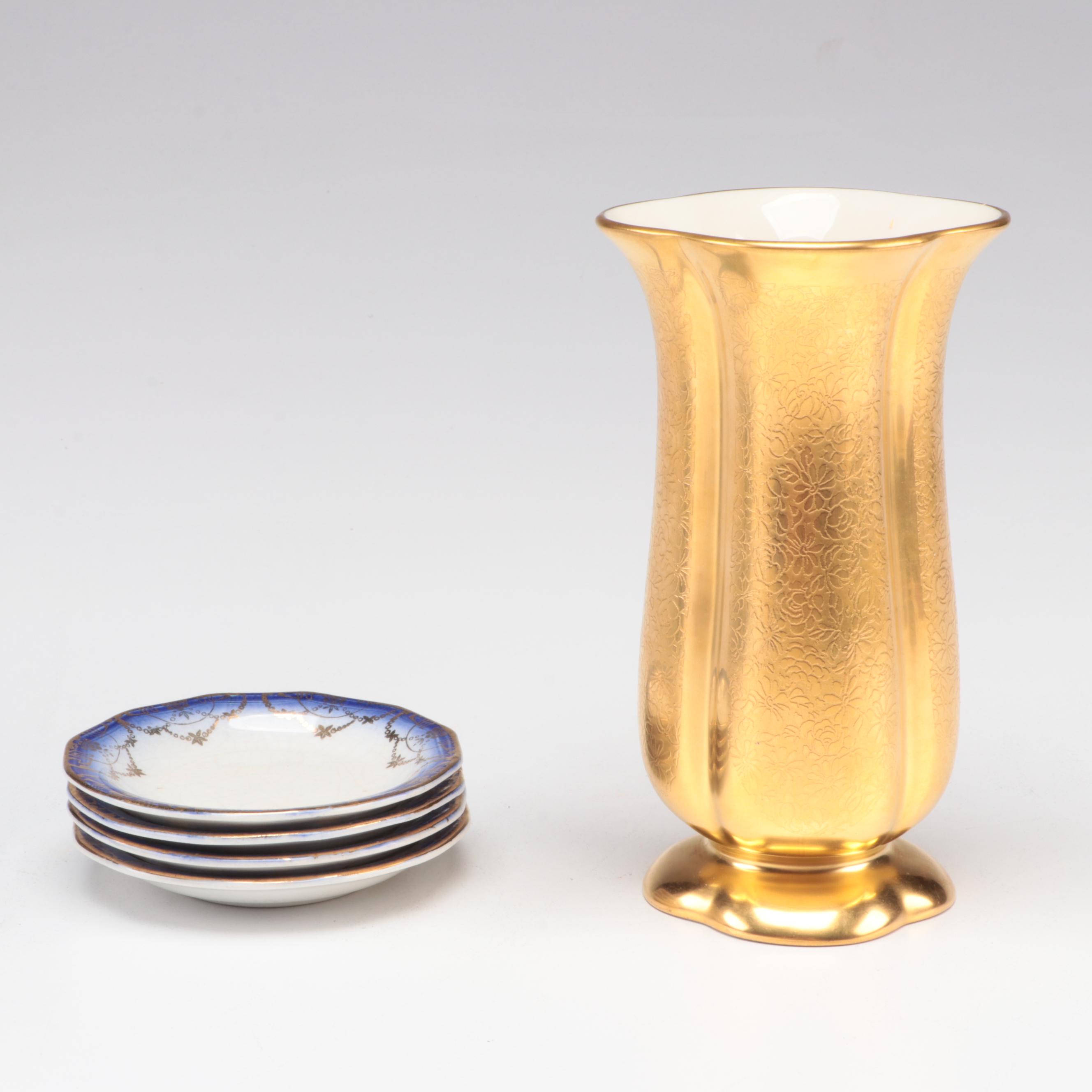 La Belle American Flow Blue Bowl and Other Butter Pats with Pickard Vase