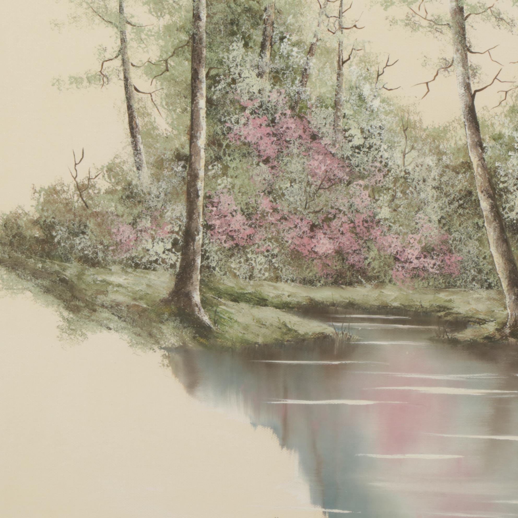 Sherry Masters Oil Painting of Bucolic Pond, Late 20th Century