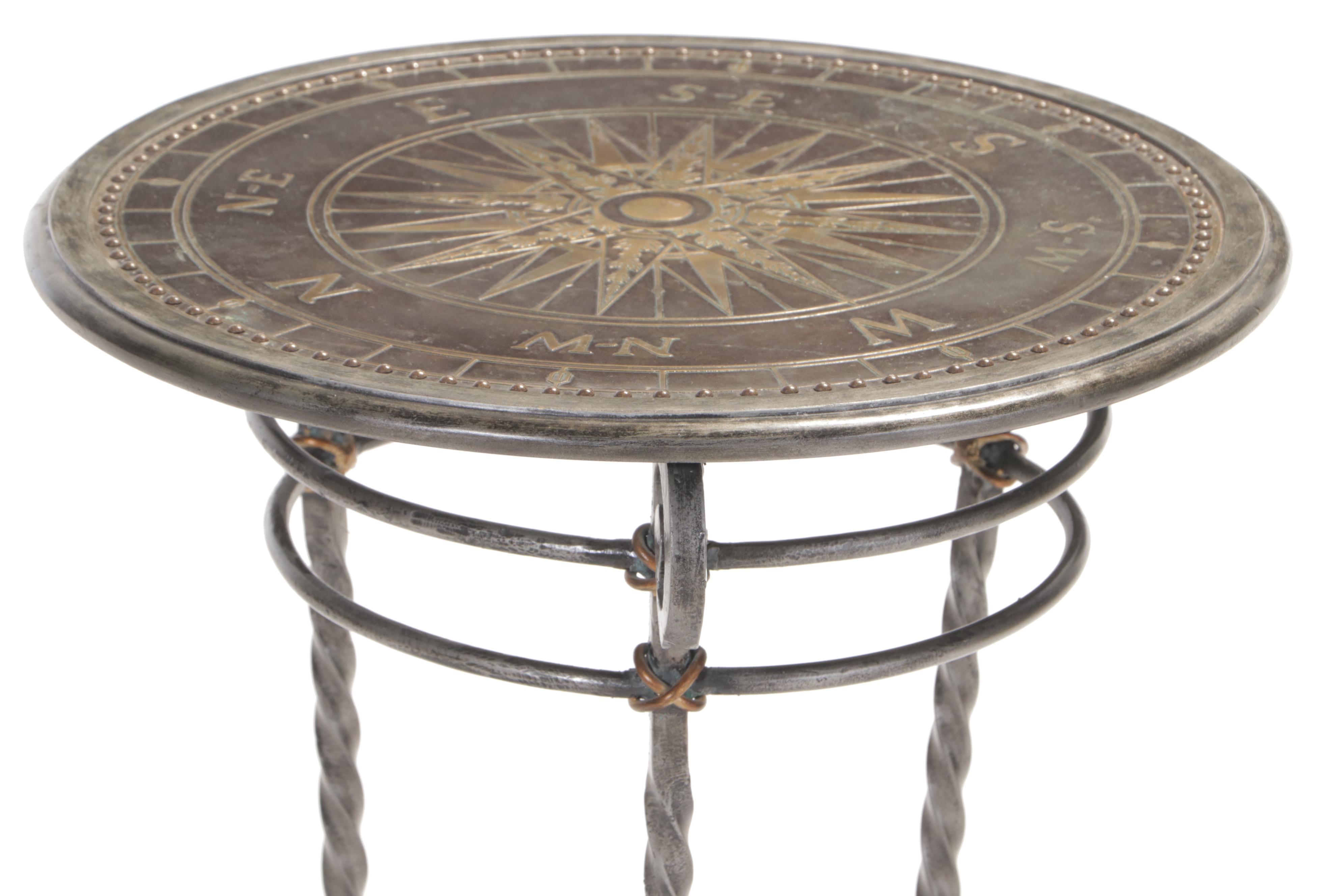 Wrought and Metal-Clad Side Table with Compass Rose