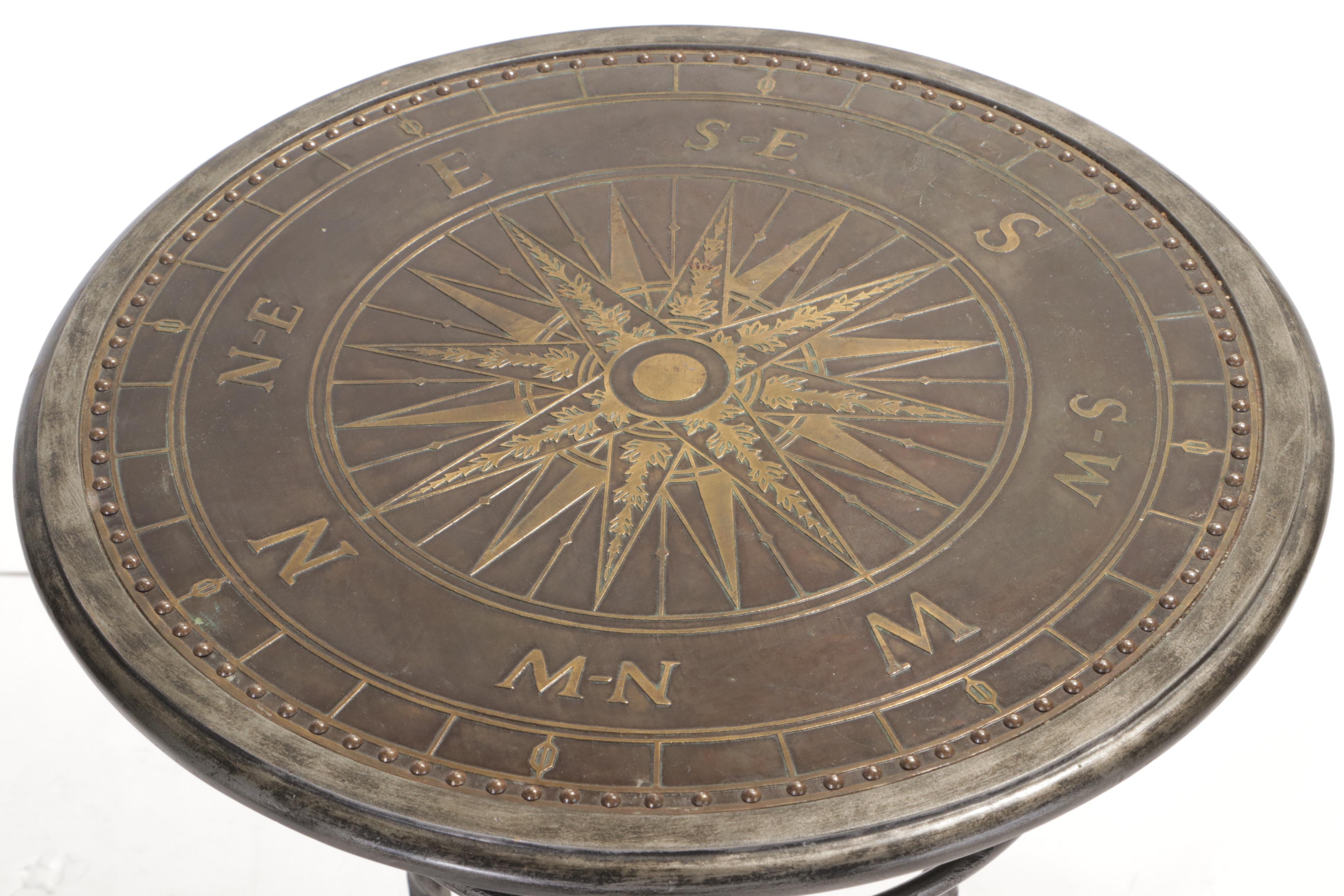 Wrought and Metal-Clad Side Table with Compass Rose