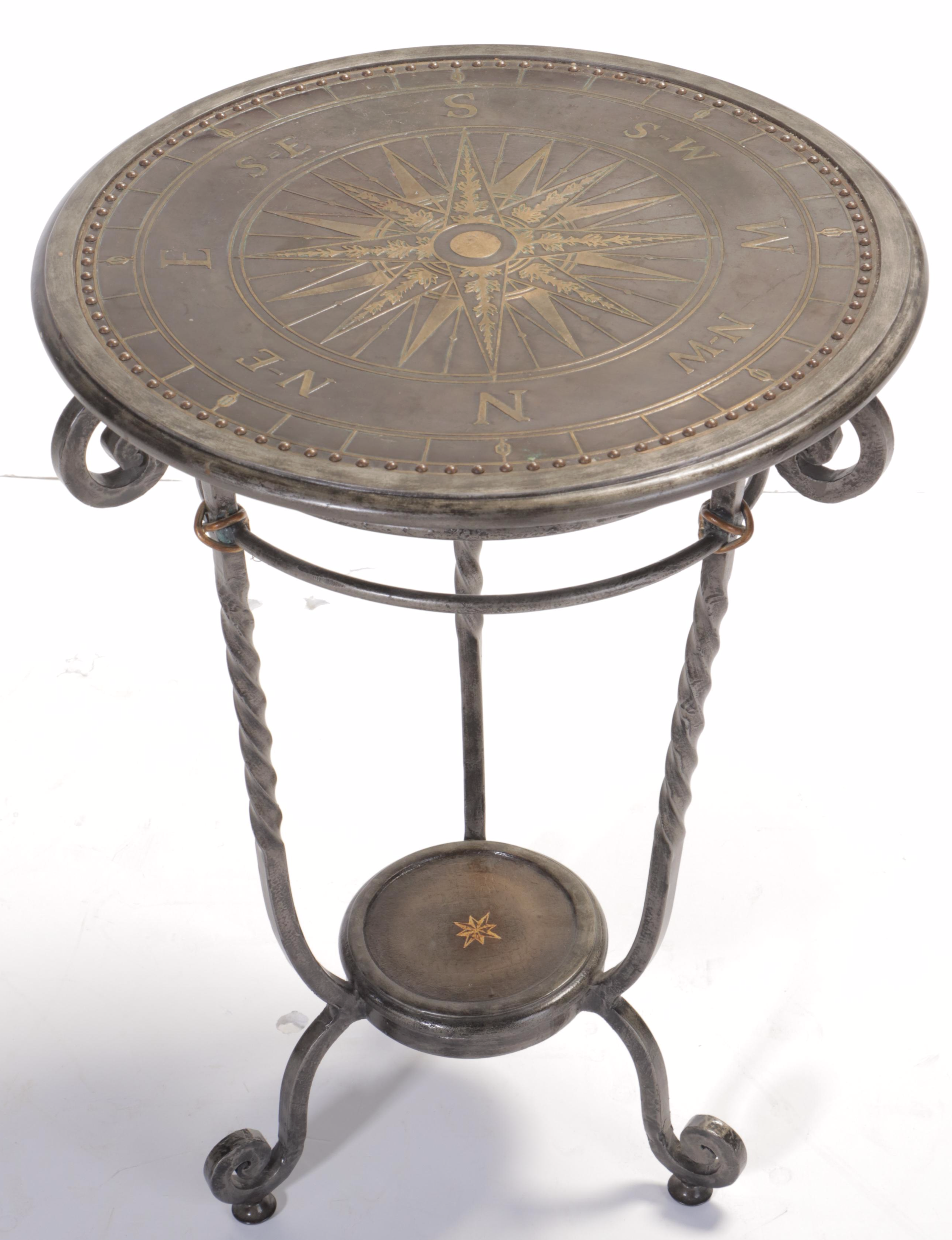 Wrought and Metal-Clad Side Table with Compass Rose