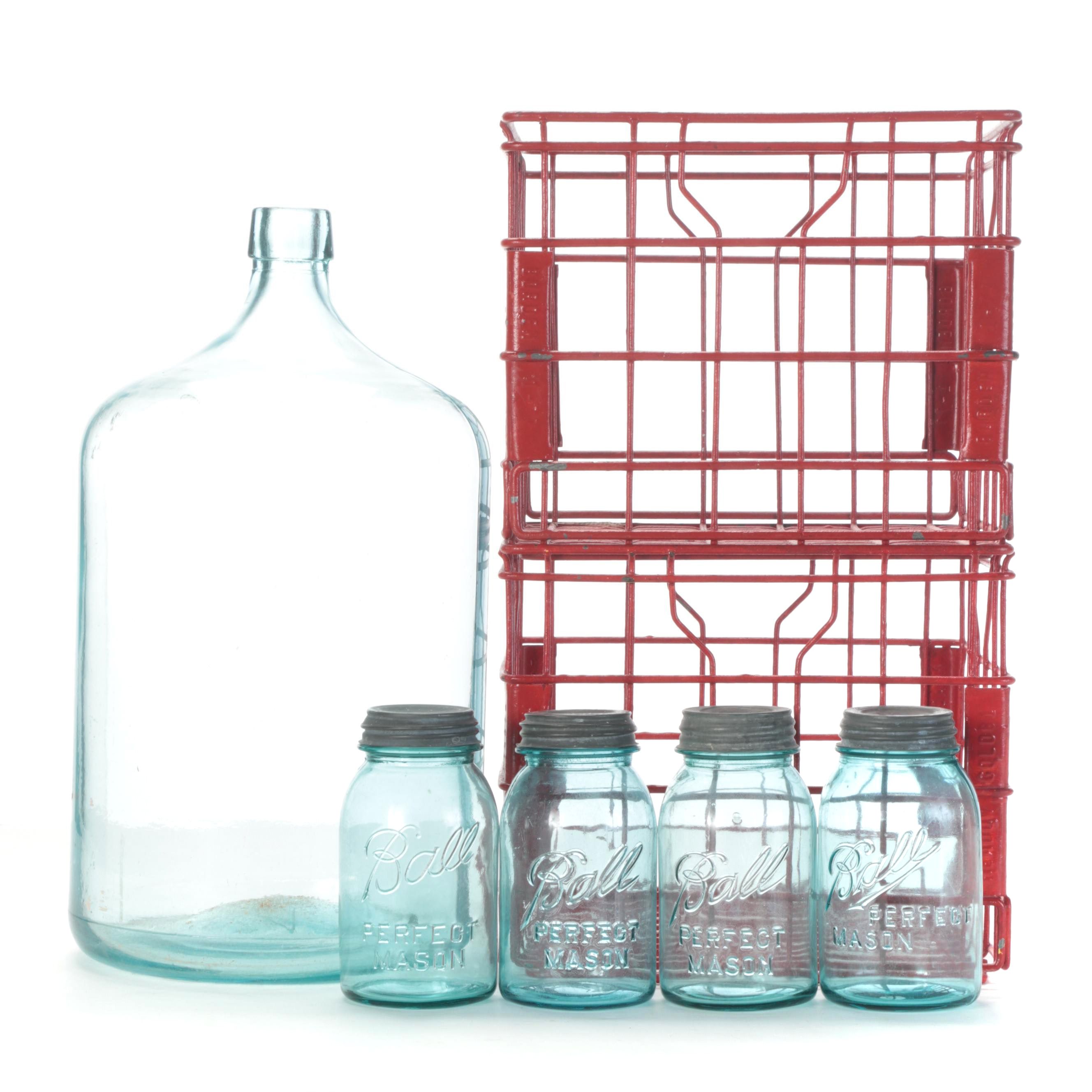Owens-Illnois Glass Water Jug with Ball Canning Jars and Wire Crates