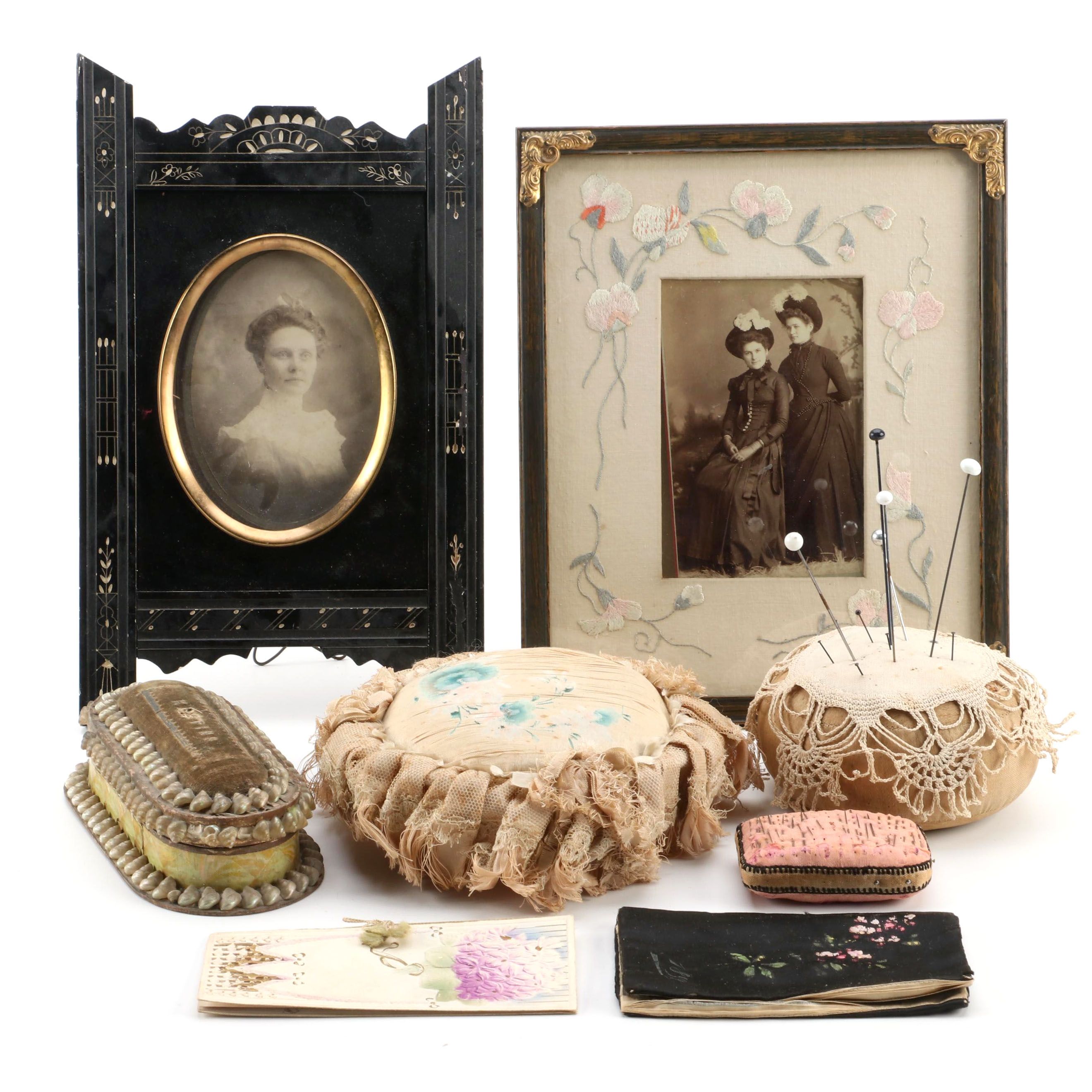 Silver Print Portrait Photographs of Ladies With Sewing Supplies, 19th Century