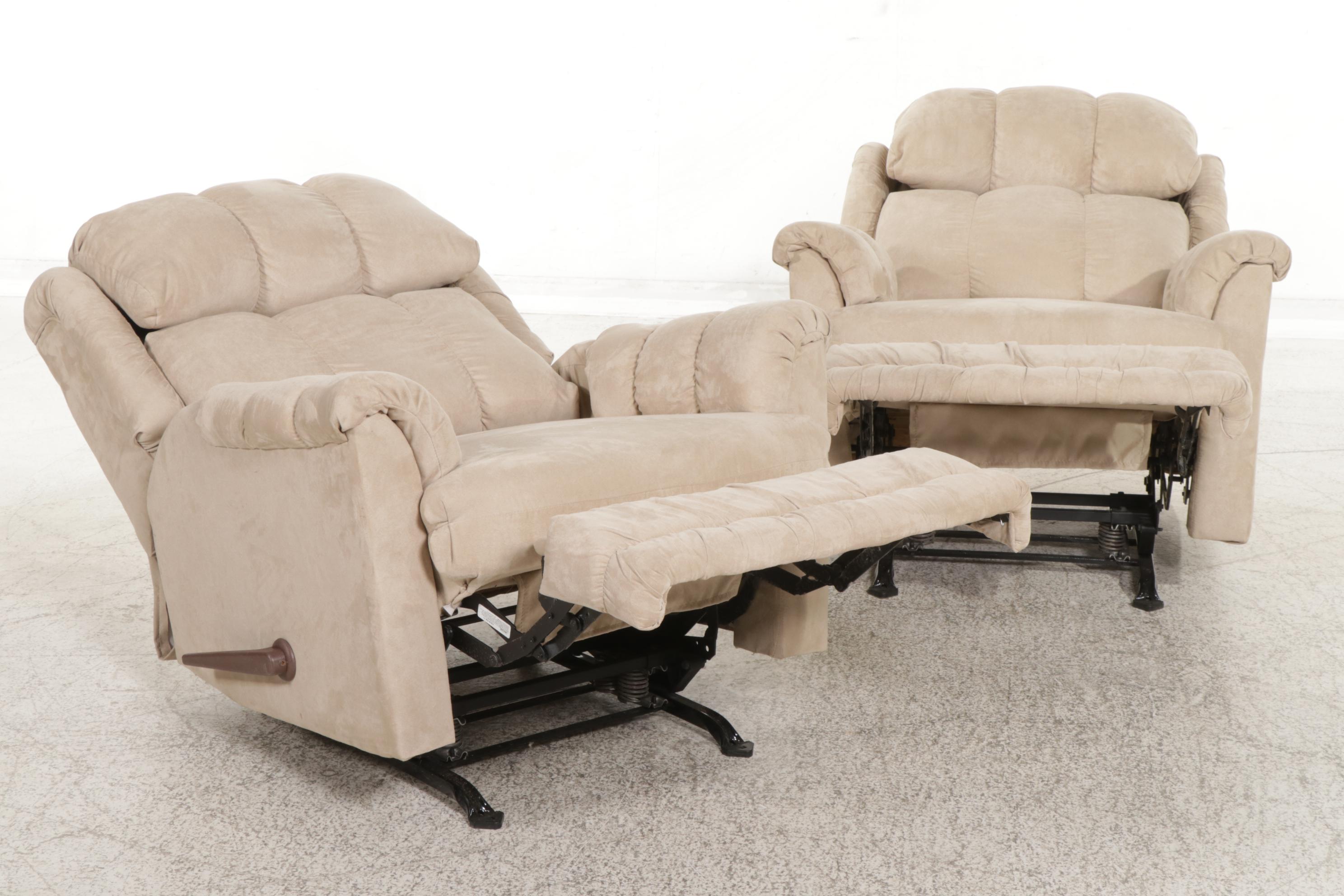 Pair of American Furniture Microfiber Pillow-Top Manual Reclining Armchairs