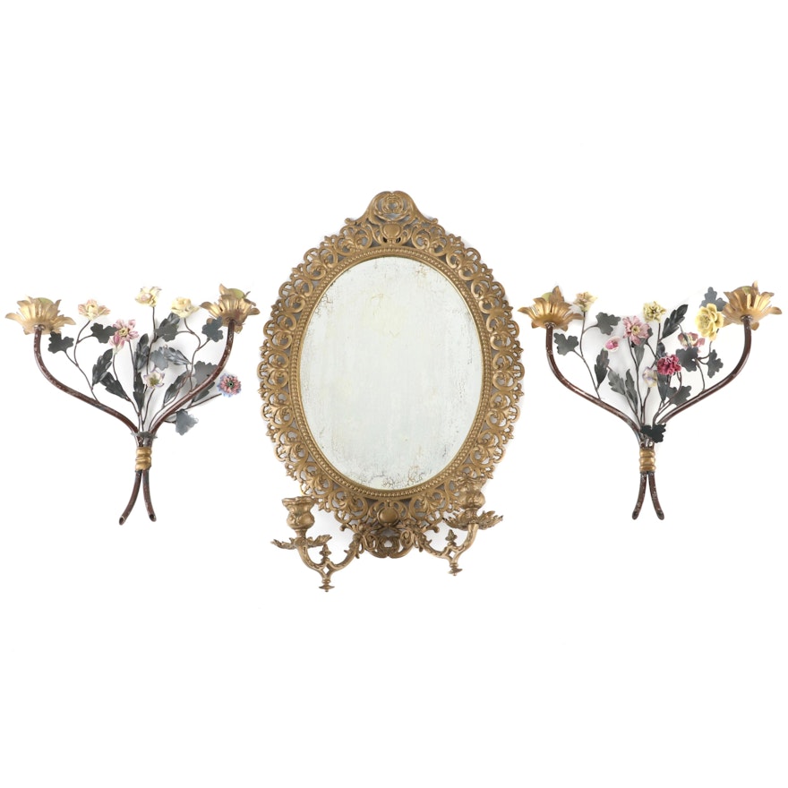 Rococo Style  Wall Mirror with French Porcelain Floral and Metal Candle Sconces
