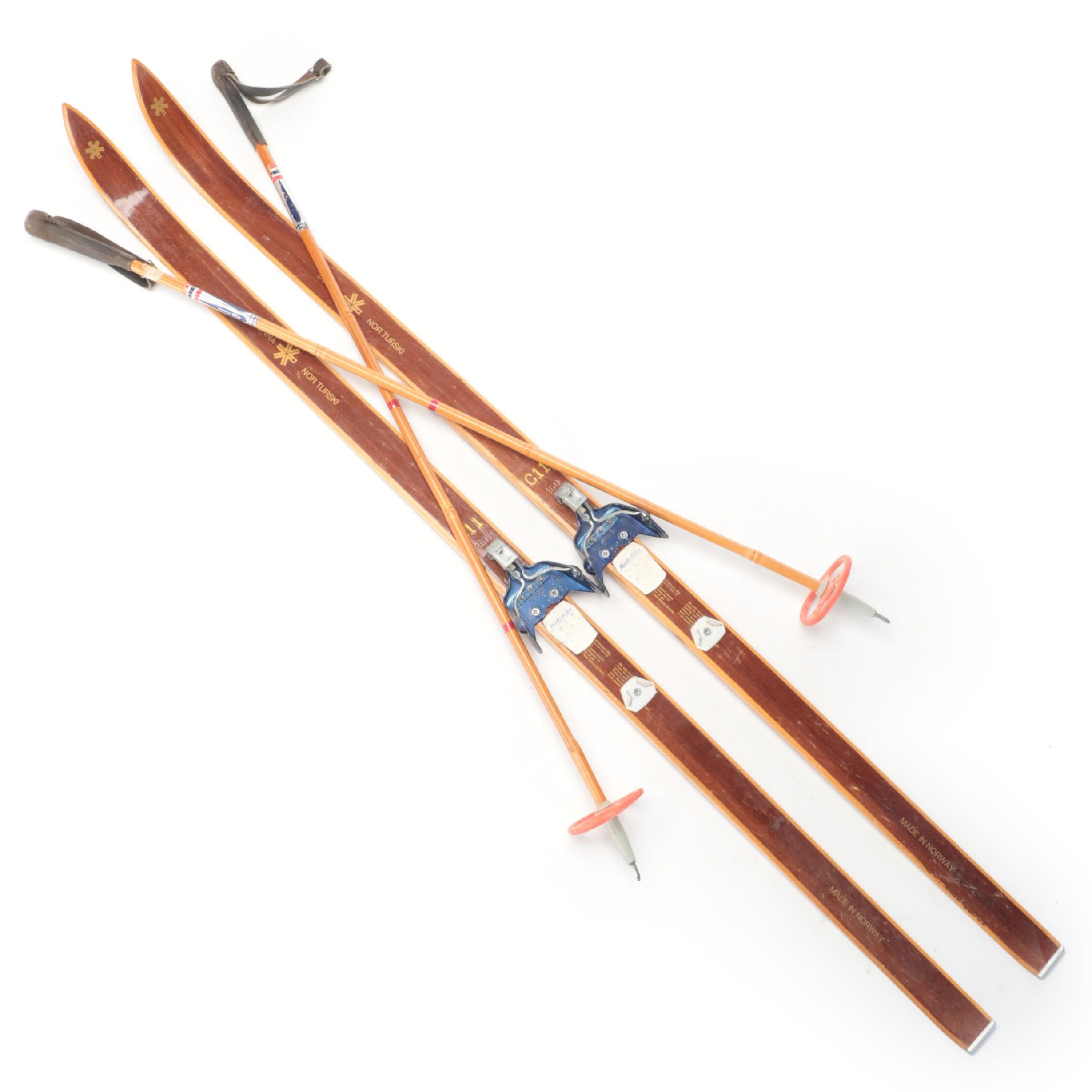 Bonna "Nor Turski" Wooden Downhill Skis With Ski Poles, Mid-20th Century
