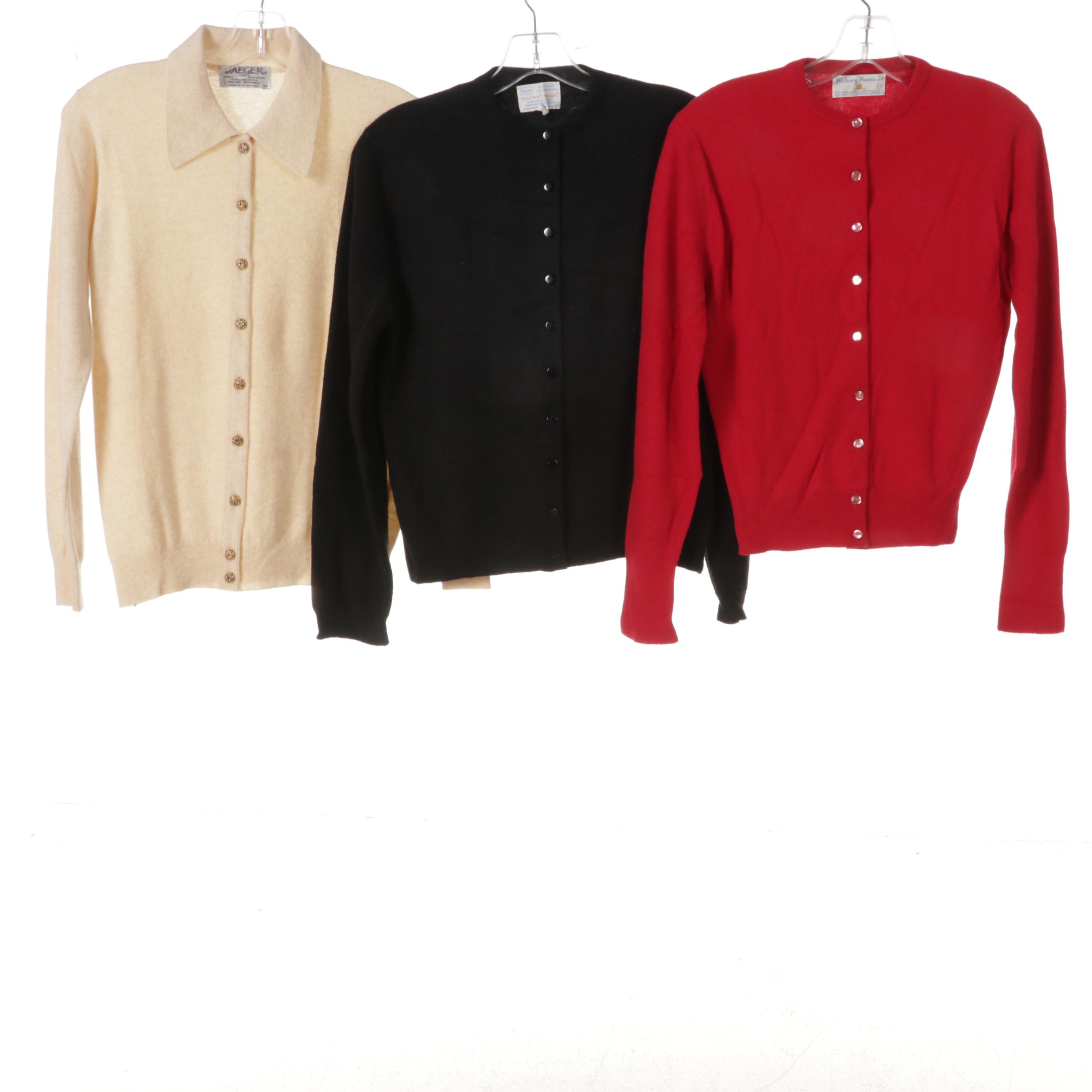 Women's Patterned Dresses and Two-Piece Sets with Cardigan Sweaters, 1960s-70s