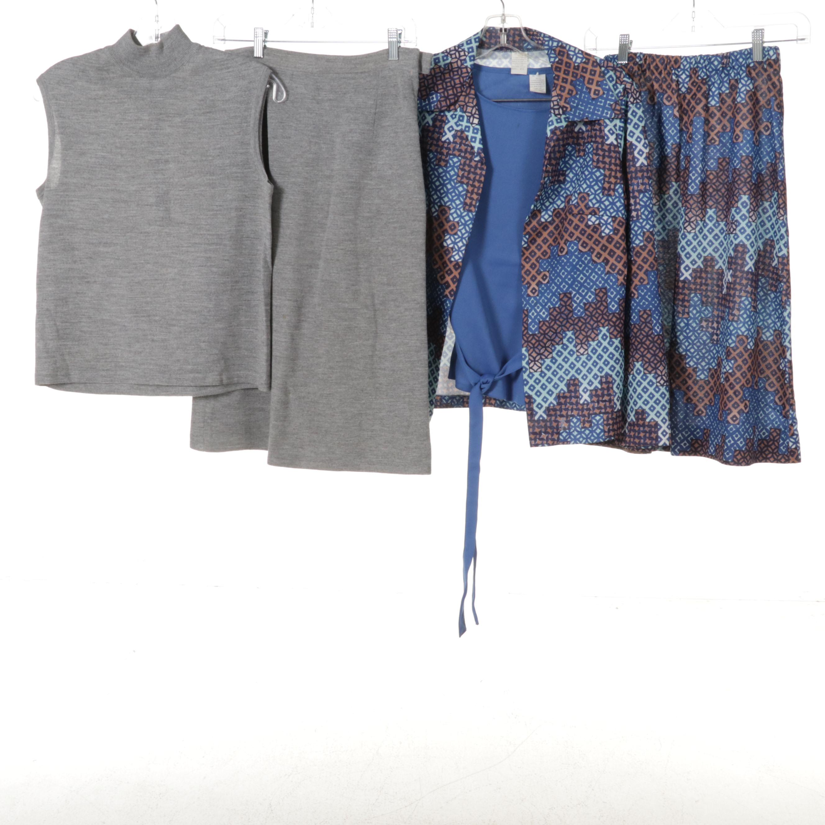 Women's Patterned Dresses and Two-Piece Sets with Cardigan Sweaters, 1960s-70s