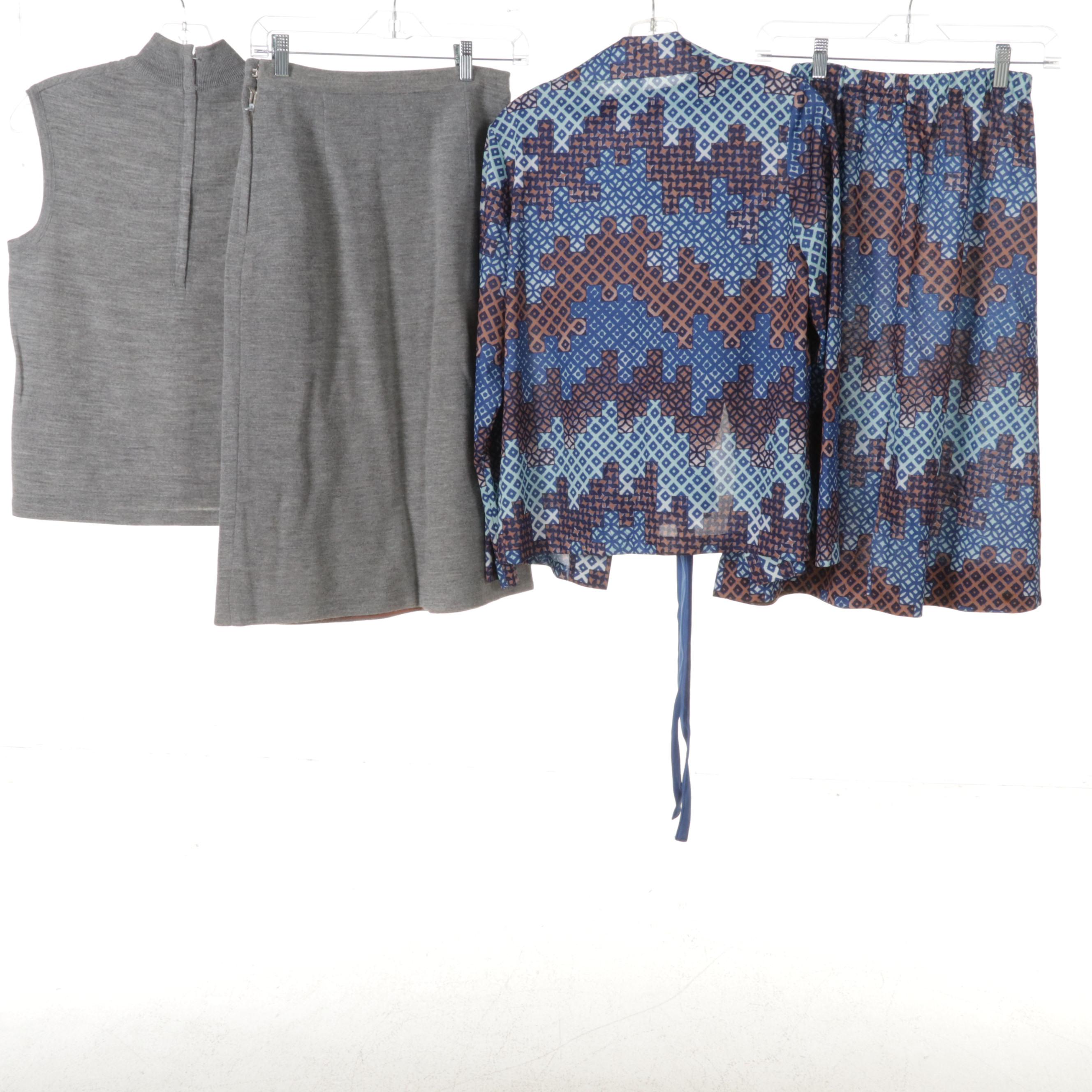 Women's Patterned Dresses and Two-Piece Sets with Cardigan Sweaters, 1960s-70s