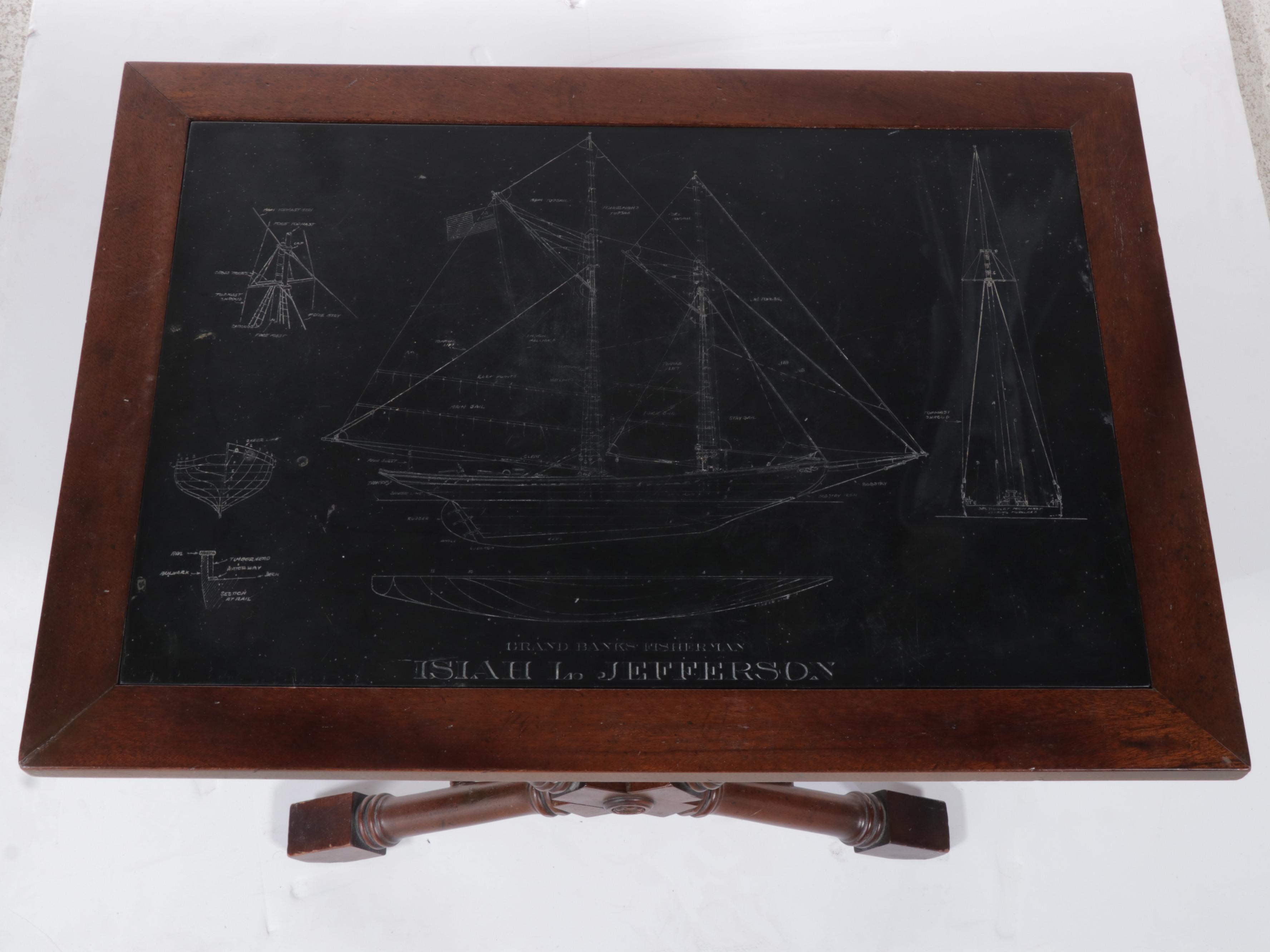 Mahogany and Slate Coffee Table with Etched Schooner Blueprint