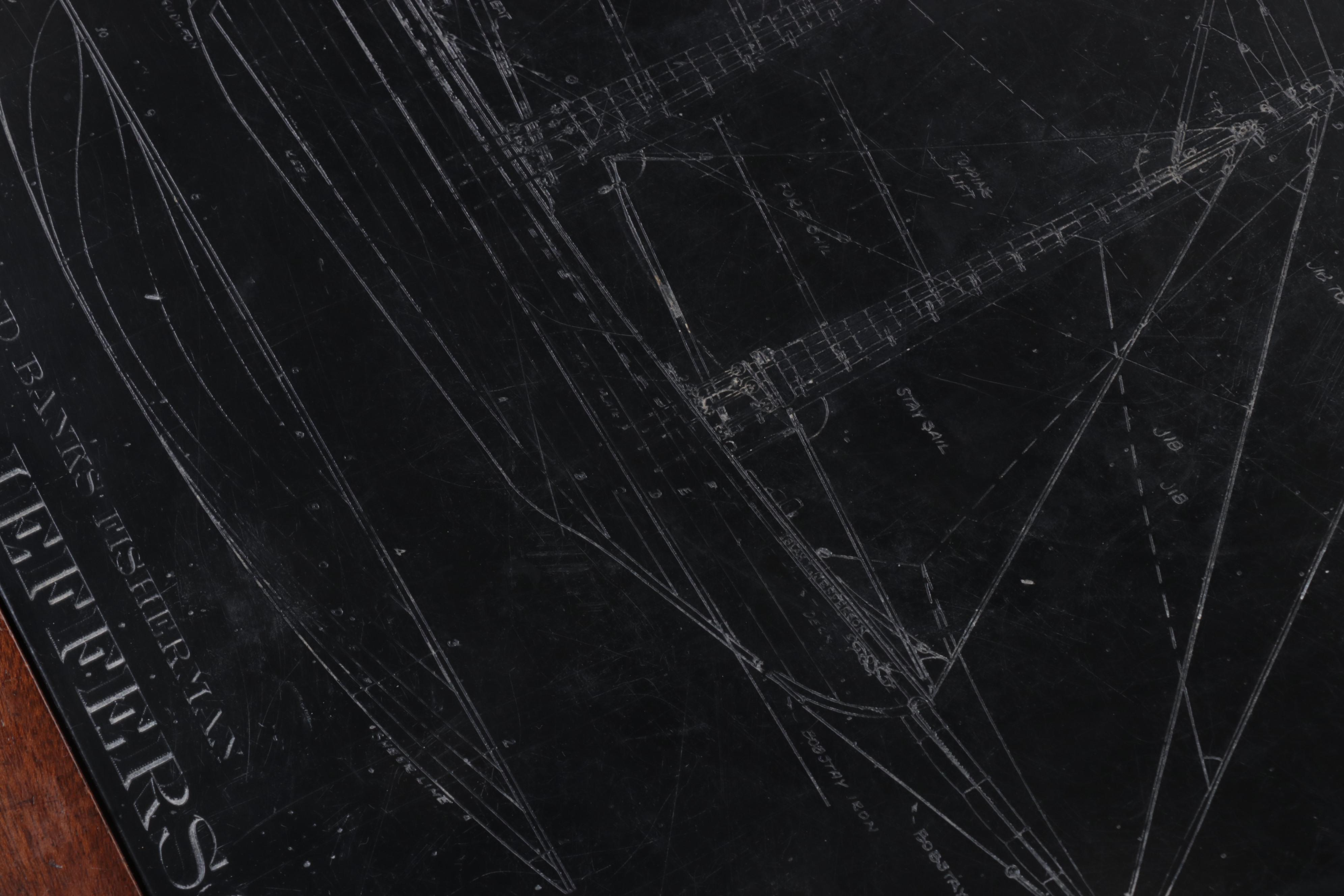 Mahogany and Slate Coffee Table with Etched Schooner Blueprint